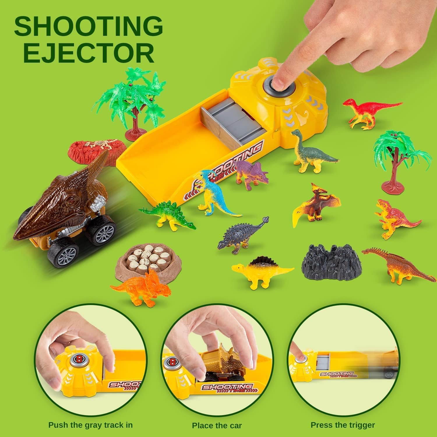 CKIKH Dinosaur Truck with 12 Small Dinosaurs and 3 Pull Back Cars Small Cars Set Birthday Toys for 3+ Year Old Boy Transport Carrier Truck for Toddlers over 3 Years (Green) image number 3