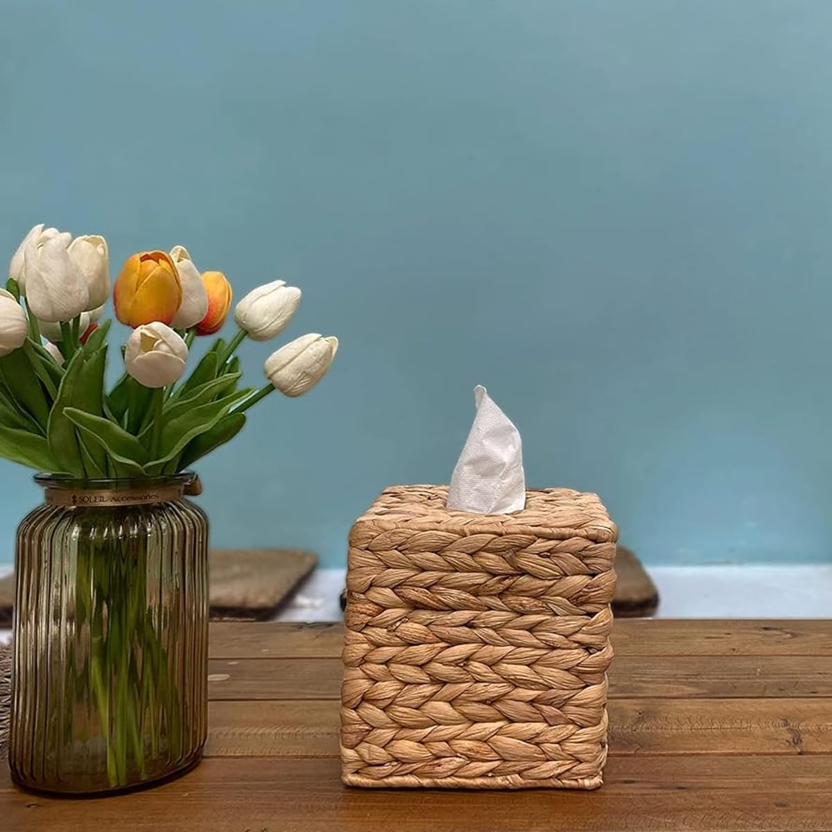 AIMALL Handwoven Water Hyacinth Tissue Box Cover, 5.7 X 5.7 X 5.9 Inches Square Woven Desktop Tissue Holder, Pastoral Style for Home and Office image number 5