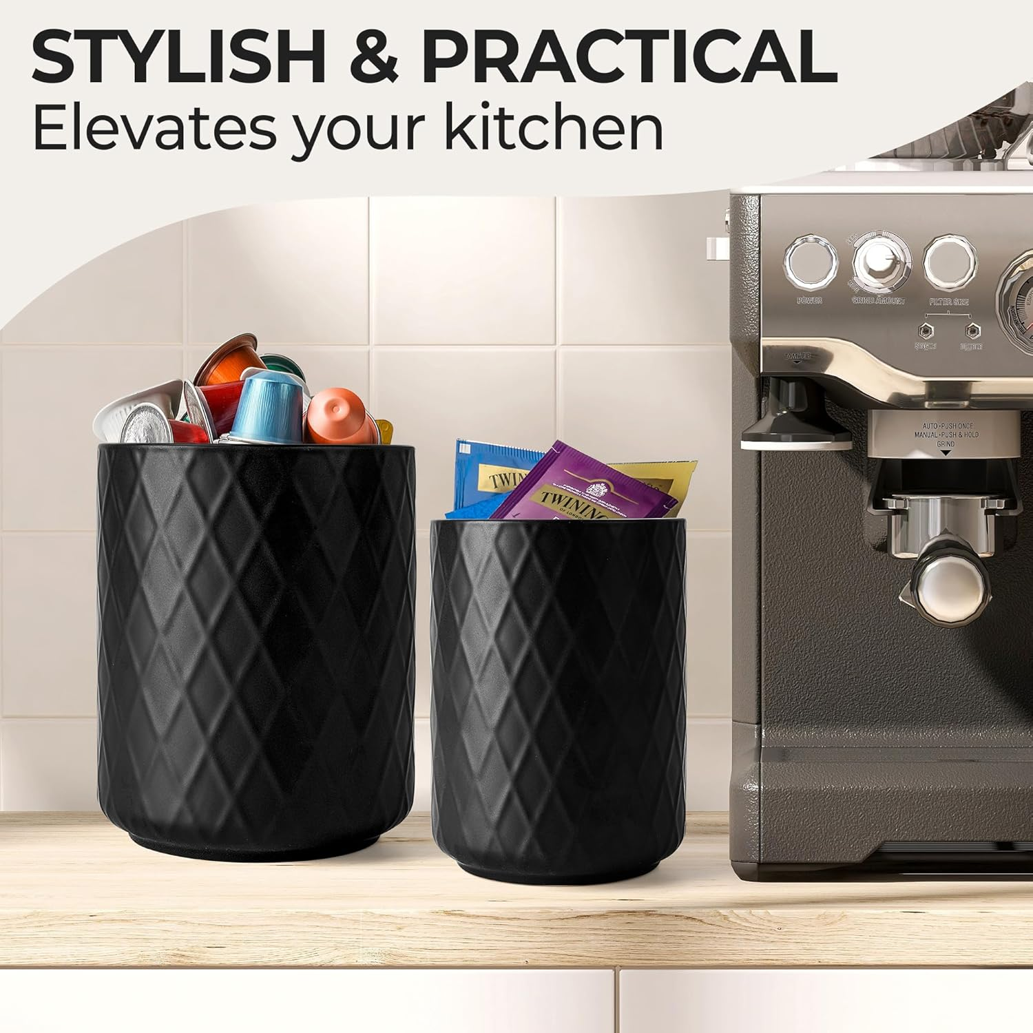 MIAMIO &ndash; Kitchen Utensil Holder Ceramic/Kitchen Organizer Set, Farmhouse Decor for Organizing Countertop and Storing Cutlery, Cooking Spoons, and Accessories - Palmanova Collection (Black) image number 4