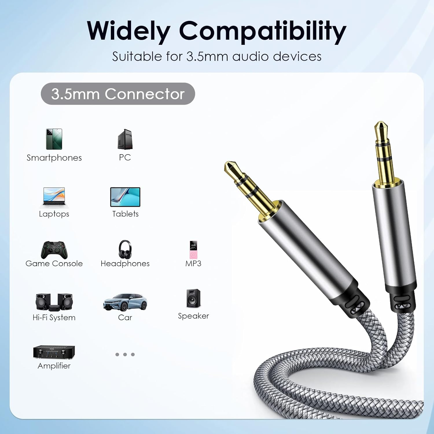 SAISN 3.5Mm Audio Aux Cable - 2 Pack 3Ft Nylon Braided Hi-Fi Stereo Audio TRS Cable for Car Home Stereos, Headphones, Speakers, Laptops, Grey image number 6