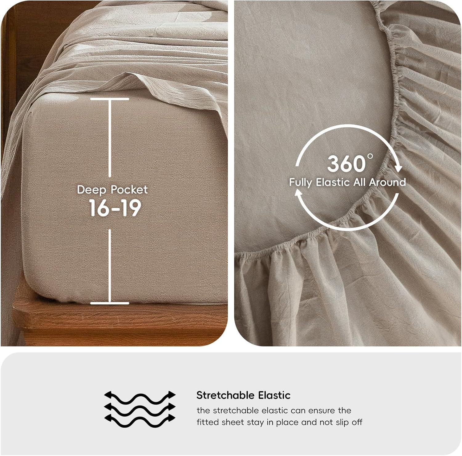 Moomee Bedding Sheet Set 100% Washed Cotton Linen like Textured Breathable Durable Soft Comfy (Tannish Linen Grey, Queen) image number 4