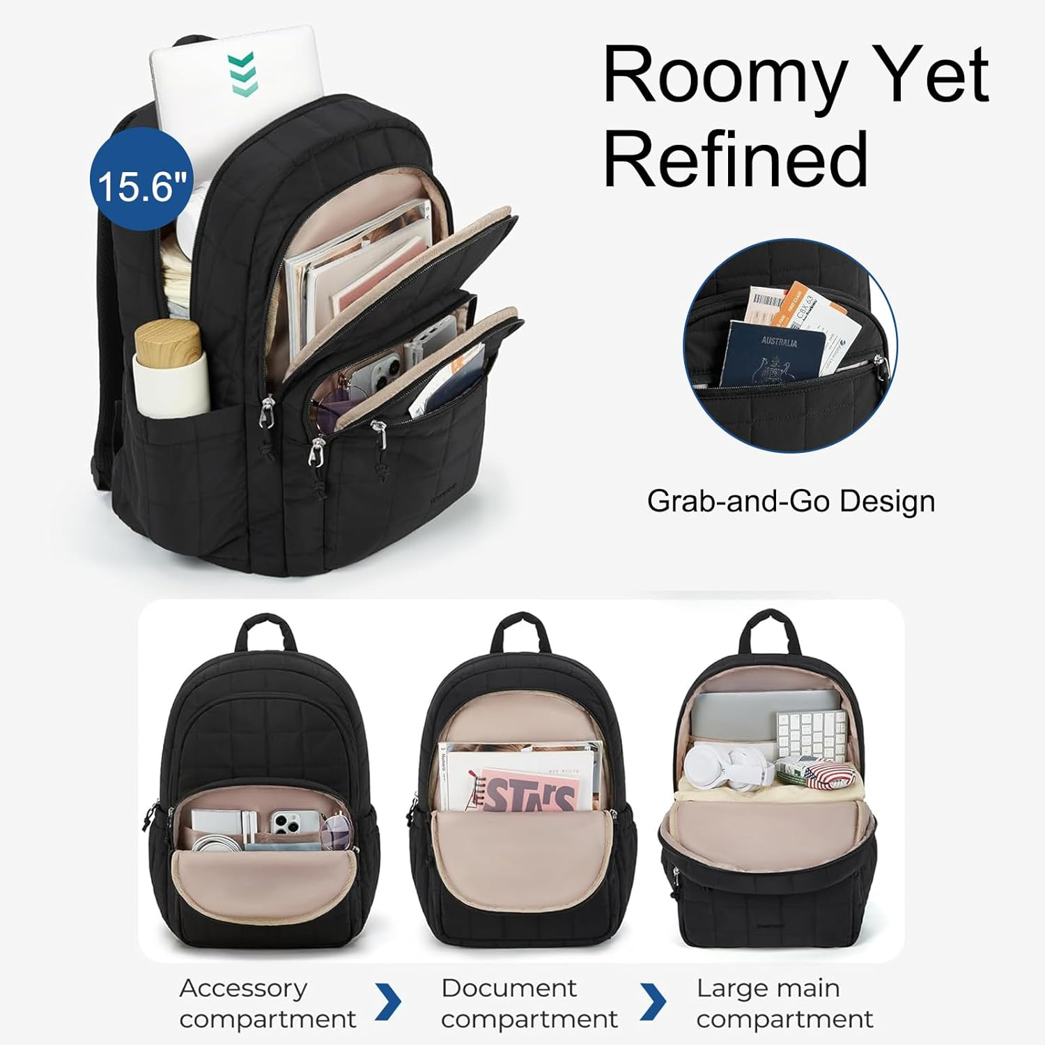 Seyfocnia Laptop Backpack for Women, 15.6 Inch Quilted Travel Backpack, Water-Resistant Casual Lightweight Daypack for Work Business Computer, Black