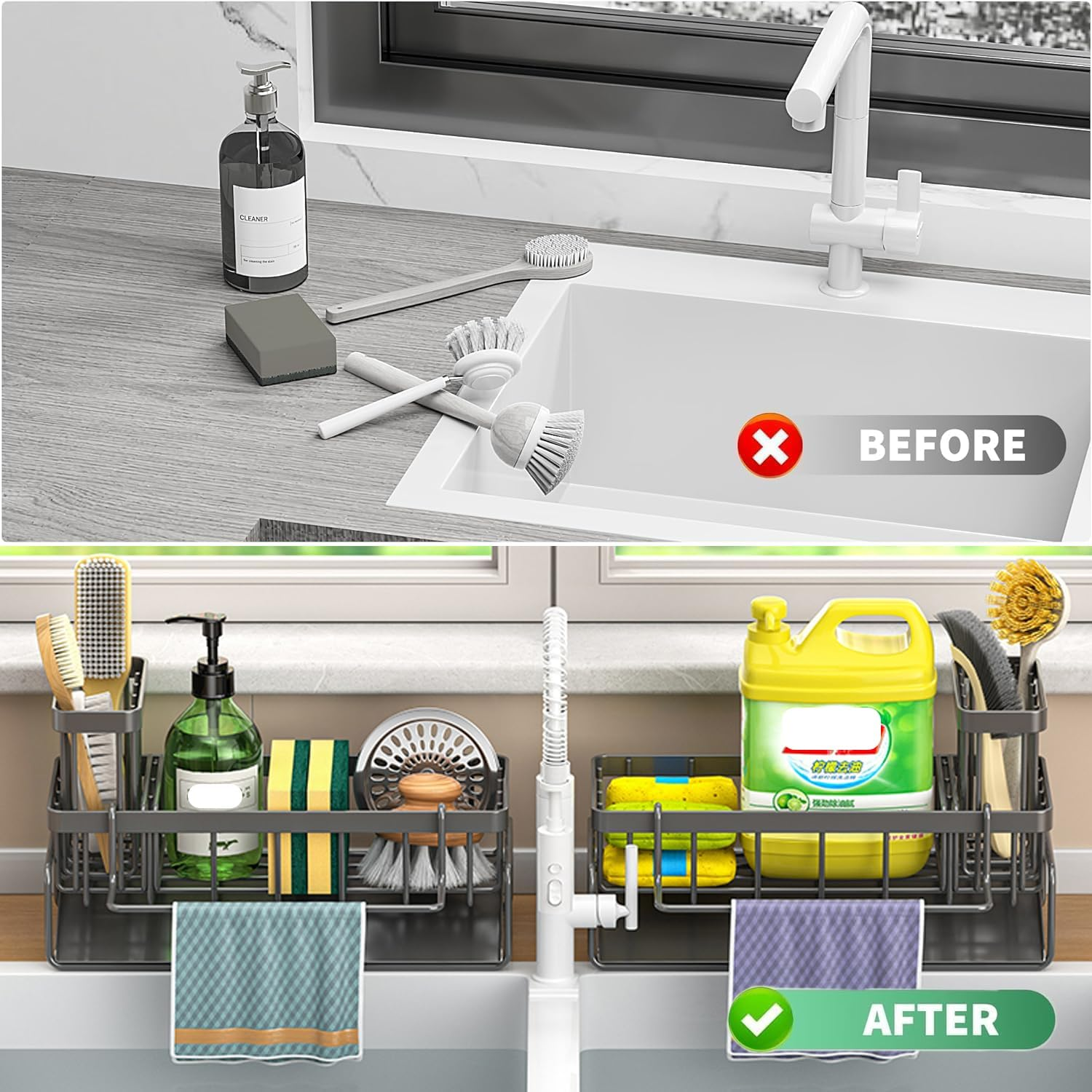 Sink Caddy Organizer with Self Draining Tray, Sponge Holder, Brush Holder, Dish Soap Dispenser Storage, Kitchen Counter Organizer (White)