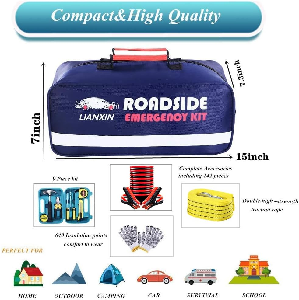 Roadside Assistance Emergency Kit - Multipurpose Emergency Pack Car Premium Road Kit Essentials Jumper Cables Set (8 Foot) Automotive Roadside Assistance 142 Pieces Winter Car Kit - Blue image number 5