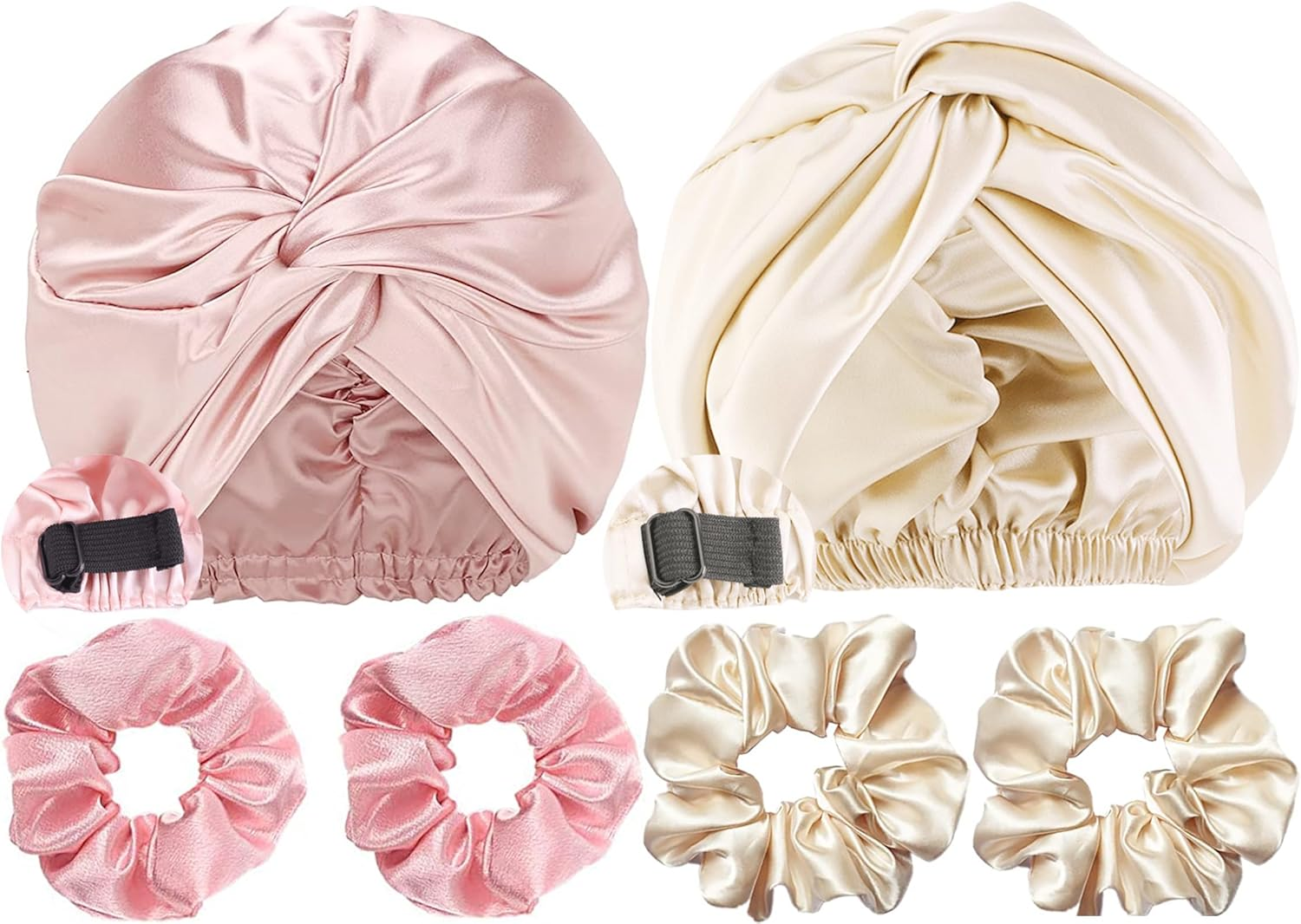 YBVABE Satin Bonnet and Scrunchies Set - Multipurpose Hair Cap and Shower Cap - 6Pack Silk Satin Accessories for Hair Protection and Style Preservation - Haircare Accessories for Women (Rose Gold & Purple)