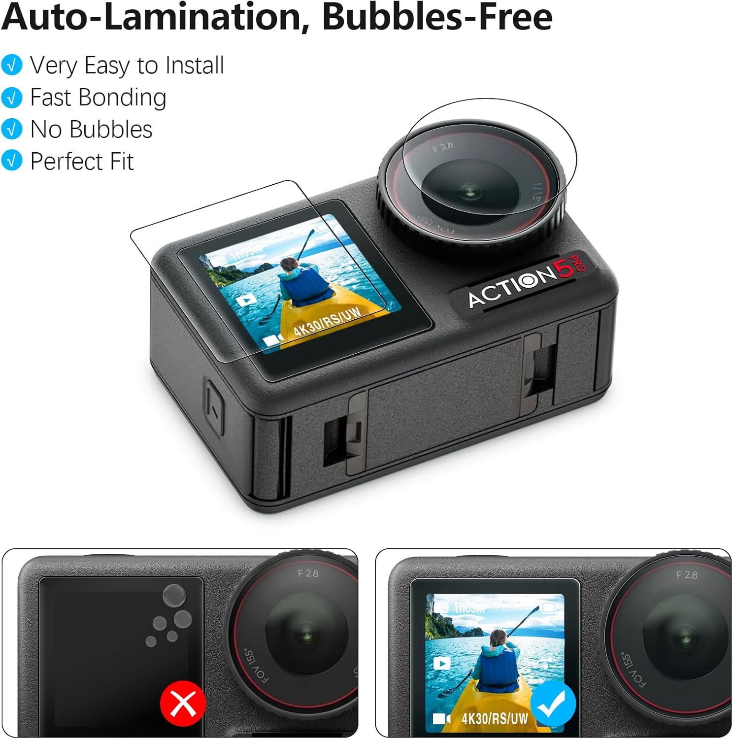 AMAZEAR Lens Screen Protector for DJI Osmo Action 5 Pro Accessories (2Sets-8Pack), Action5 Pro Tempered Glass Screen Protector with Silicone Lens Cap, 9H, HD, Scratch Resistant, Bubble-Free image number 1