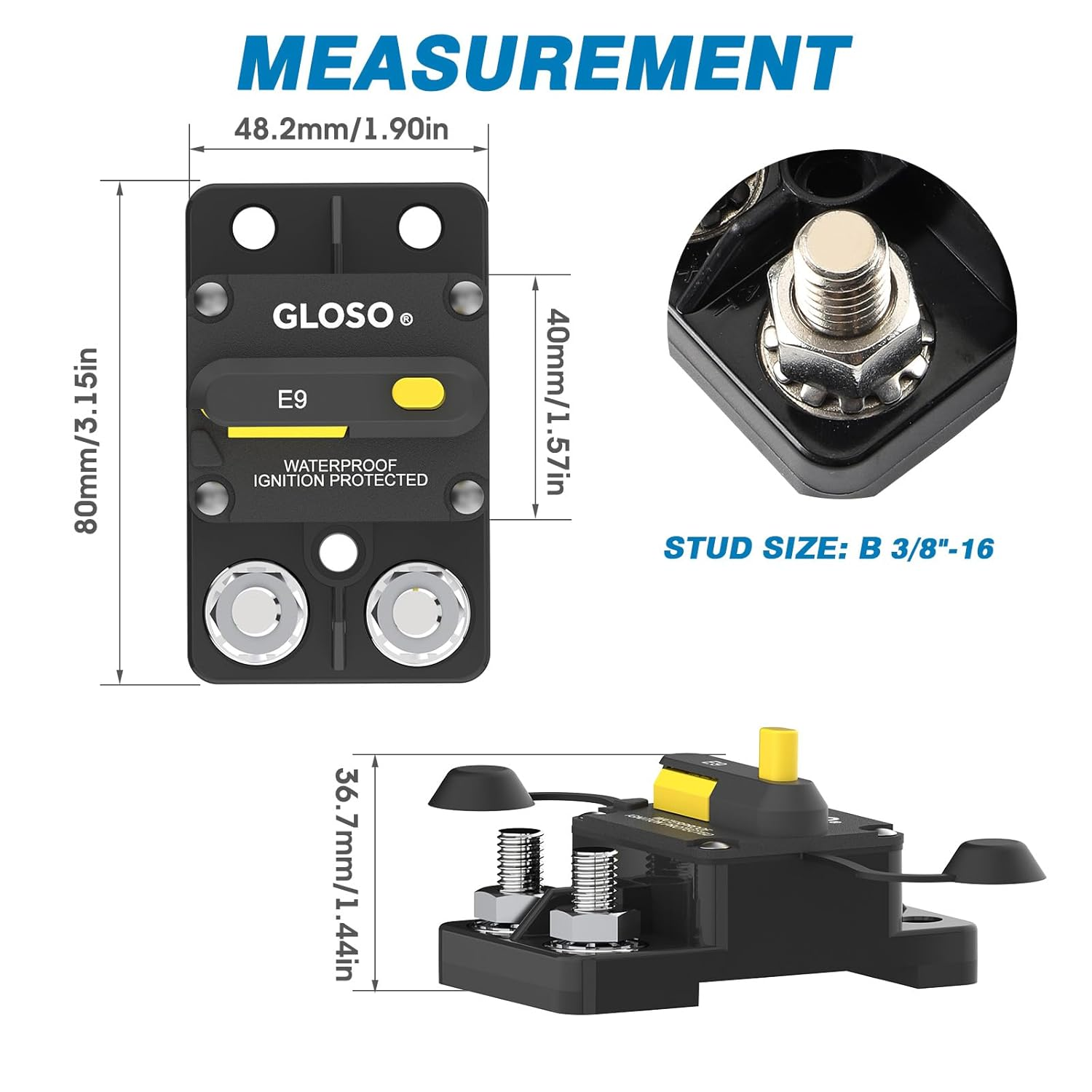 GLOSO E9C Waterproof Circuit Breaker 12V-48V DC 30 Amp Extended Surface Mount 5/16" Diagonal Stud for Marine RV Truck Use IP67 Rated Manual Reset Function(30A) image number 5