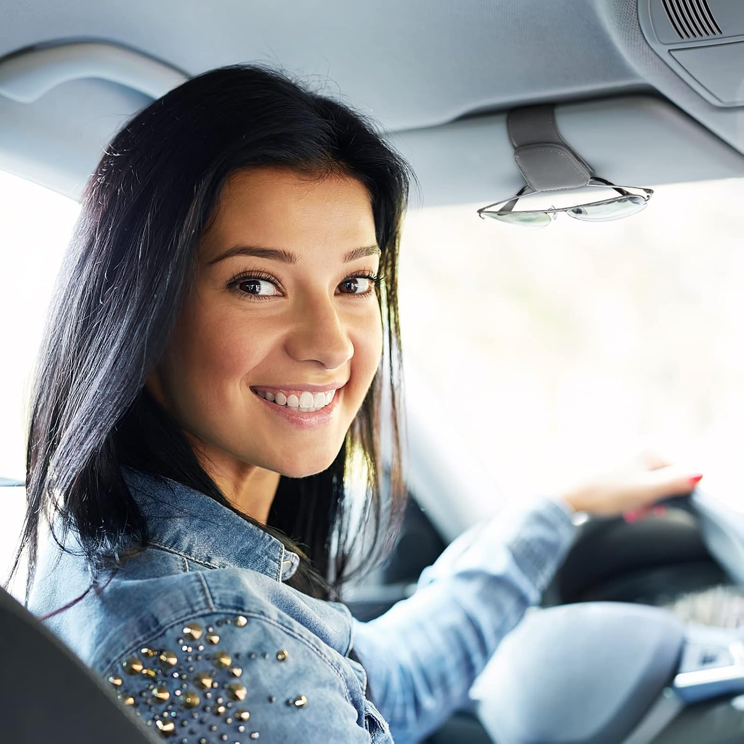 Kansmart Sunglass Holder for Car Visor Sunglasses Clip Magnetic Leather Glasses Eyeglass Holder Auto Interior Accessories Universal for SUV Pickup Truck -Gray - Beige, 1 image number 5