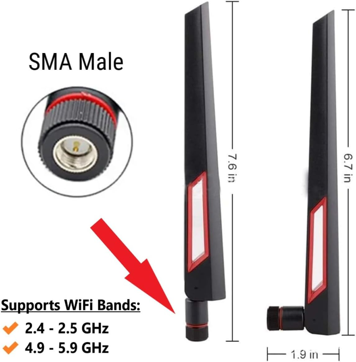 Black and Red 10Dbi Dual Band Signal Booster Wi-Fi Antennas (2.4Ghz/5Ghz-5.8Ghz) with SMA Male Connector for Wireless Camera, Router, Hotspot - 2 Pack image number 2
