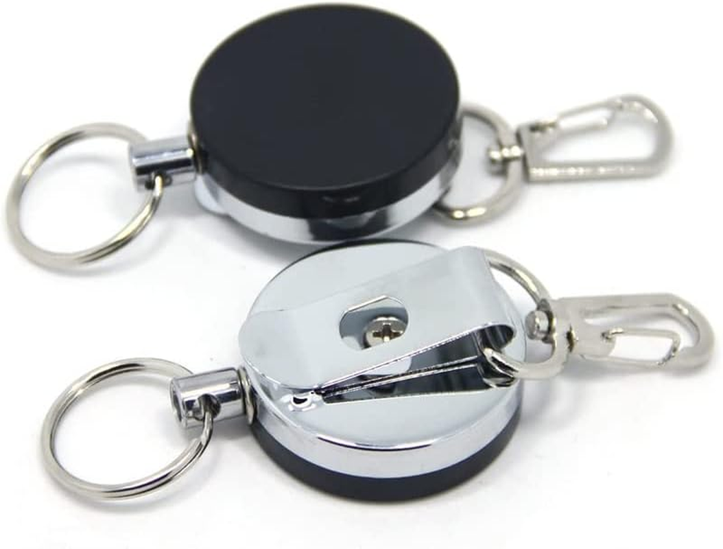 AIMALL 2-Pack Recoil Key Ring Retractable Chain, 18-Inch Heavy-Duty Metal Belt Clip Extendable Keyring with ID Pull Holder Reel, Black & Silver