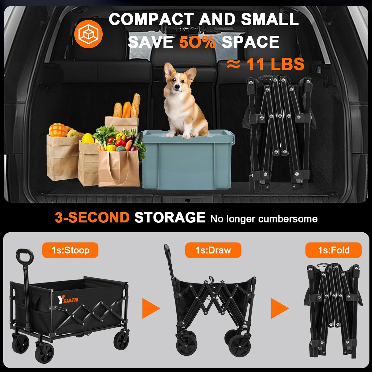 Collapsible Wagon Cart Foldable with 350Lbs Weight Capacity, Lightweight Utility Shopping Cart with Wheels, Folding Grocery Wagon Cart Portable for Beach Garden Sports and Camping, Black