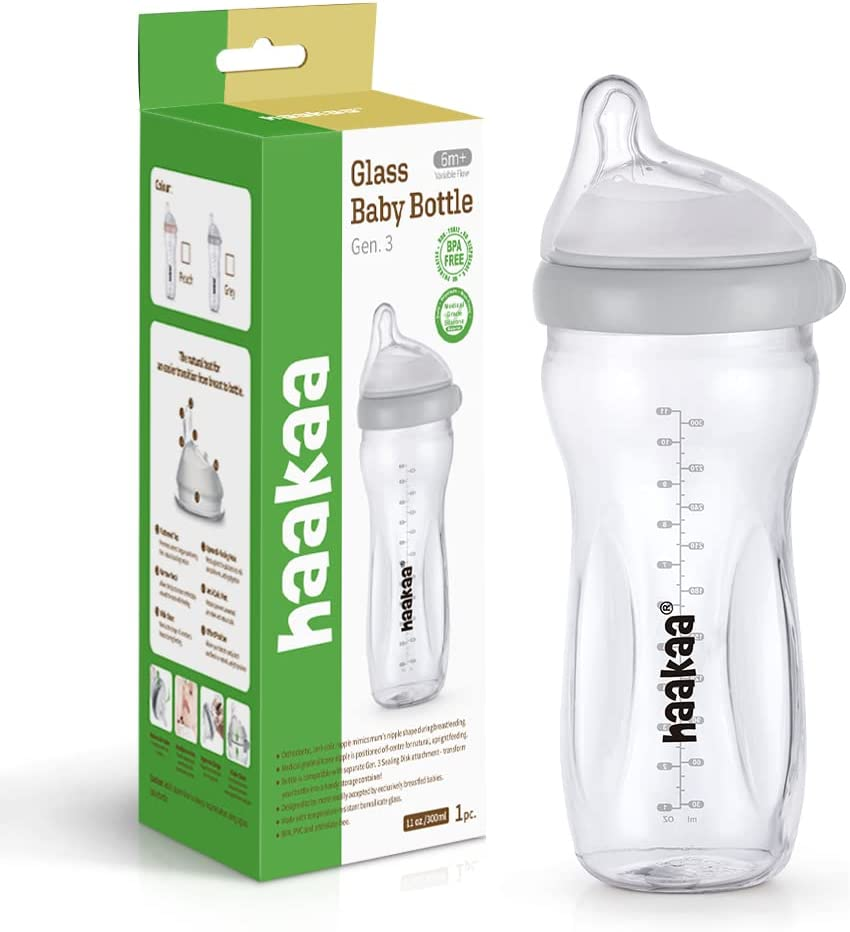 Haakaa Gen.3 Glass Baby Bottle 300Ml, with Anti-Colic Valve, Fast Flow, Mimic Breastfeeding, Temprature Resistant (Grey)