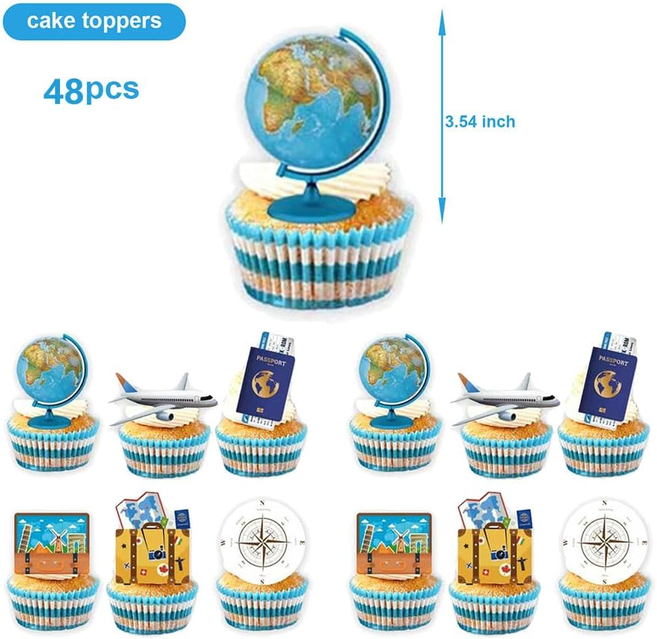 48Pcs Travel Adventurer Cupcake Topper Picks Boy Girl Children Party Decoration Travel Adventurer Party Favors Travel Adventurer Party Cake Decoration Supplies (B)
