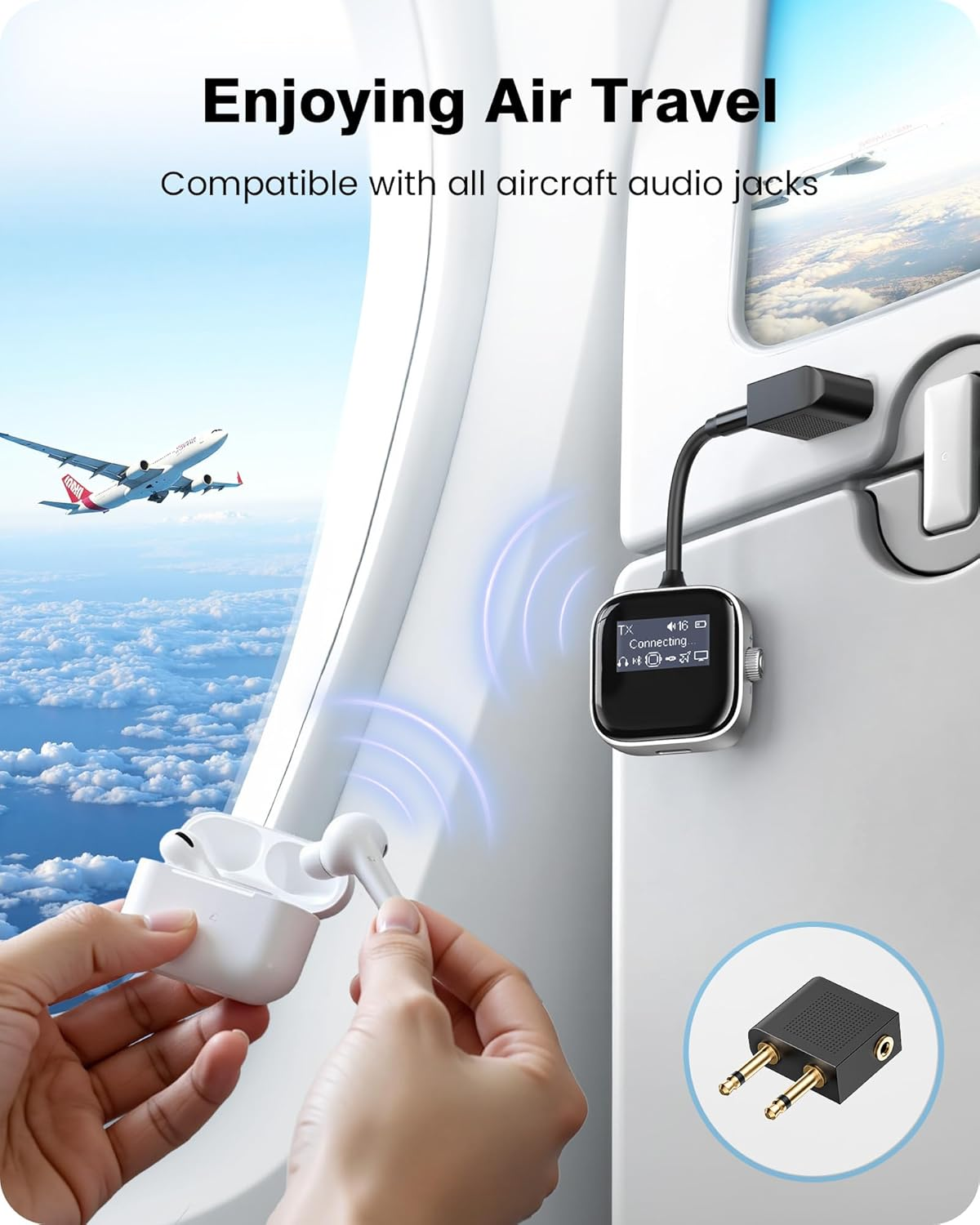 LENCENT Airplane Bluetooth 5.3 Adapter, 2 in 1 Bluetooth Transmitter & Receiver for Airpods or Headphones Dual Pairs, HD Display, 3.5Mm AUX Jack Wireless Audio Transmitter for Planes, TV, Car image number 1