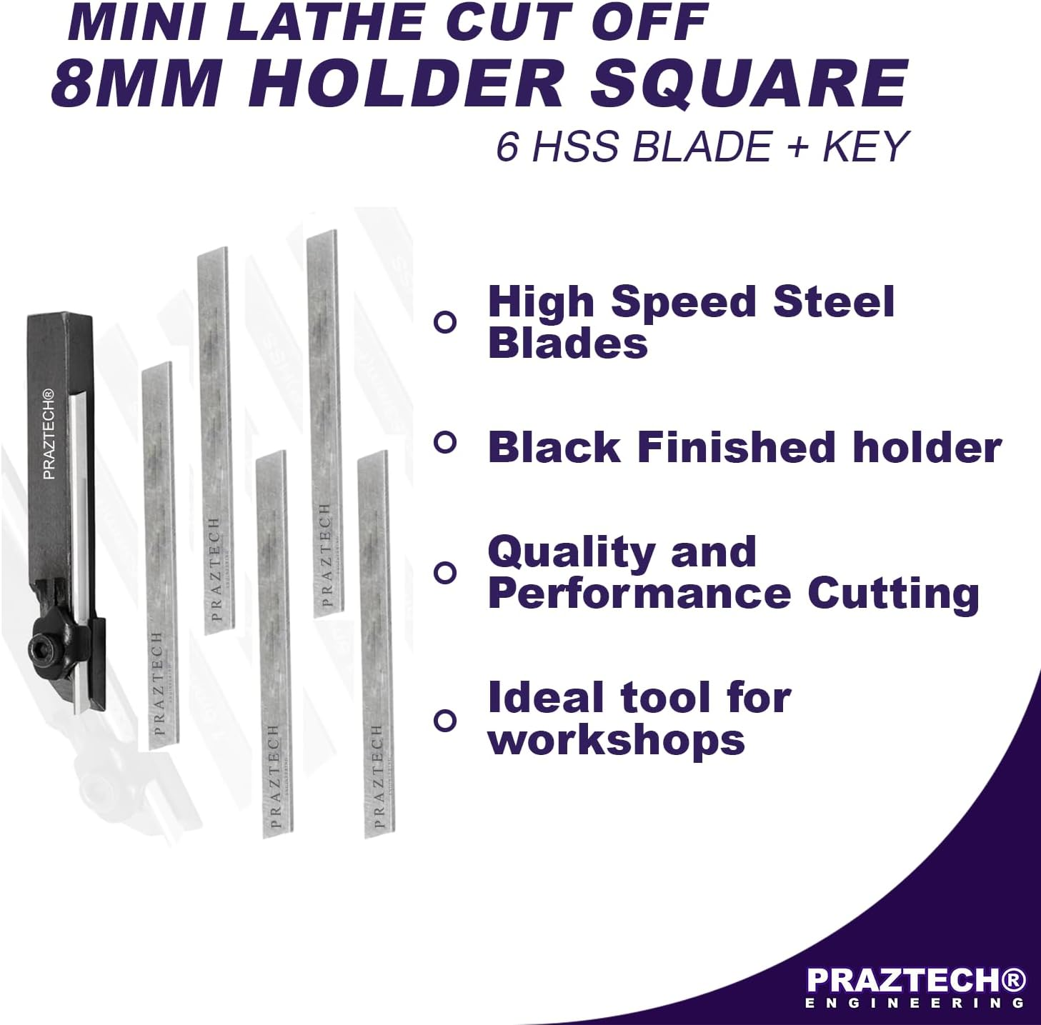 PRAZTECH&reg; Mini Lathe Cut off 8Mm Holder Square Parting Tool + 6 HSS Blade + Key | Factory | Premium Quality Power & Hand Tool | Lathe Parts & Accessories | Tools for Industrial & Mechanical Use | DIY