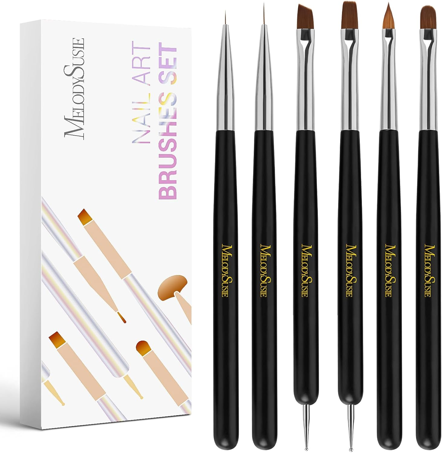 Melodysusie Nail Art Brushes Set,6Pcs Professional Pen,Nail Art Tools Kit with Painting Dotting Line Pen for Gel Polish Nail Design Nail Carving French Nails for Home DIY Salon Use image number 5