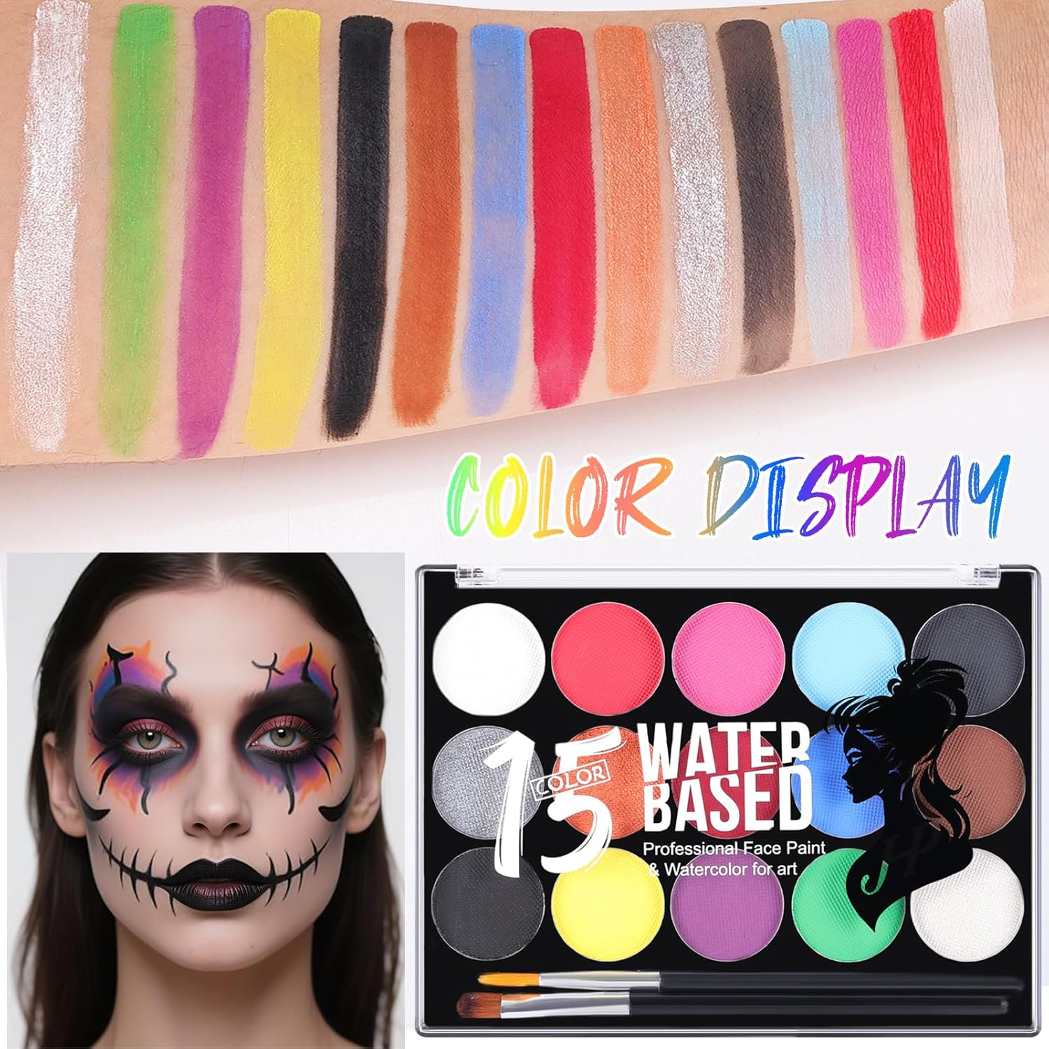 YBUETE Halloween Face Paint Kit for Adult,15 Colors Water Based Face Paint Kit with Stencils,Professional Body Painting Makeup Palette for Halloween Clown Skeleton Zombie Vampire Costume Makeup image number 4