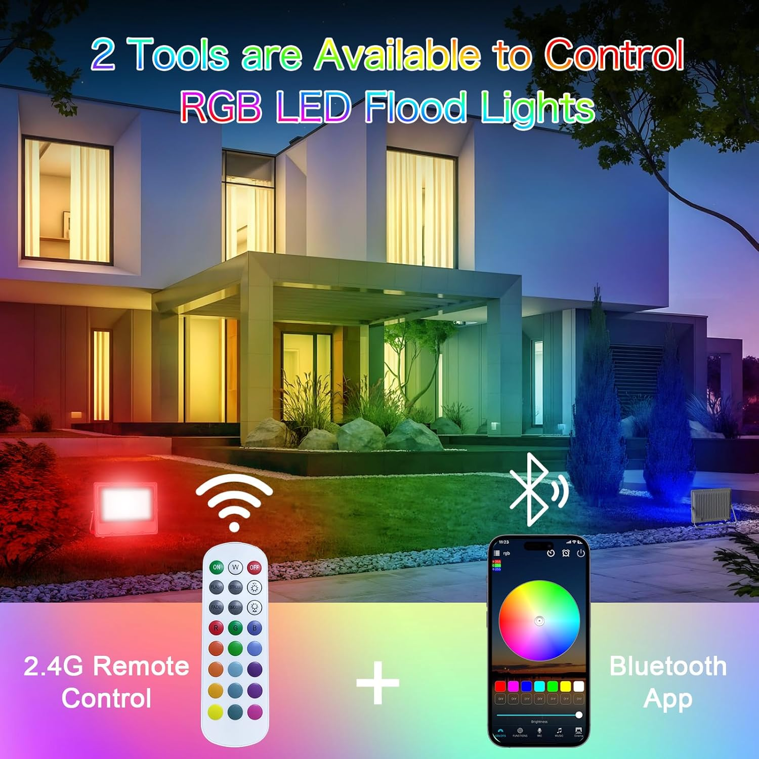 MEEKBOS 2-Pack RGB LED Flood Lights Outdoor,Color Changing Flood Lights,100W (800W Equivalent),10000Lm, Works with Bluetooth App or 2.4G Remote,Ip66 Waterproof,16 Million Colors, Timing, Music Sync image number 3