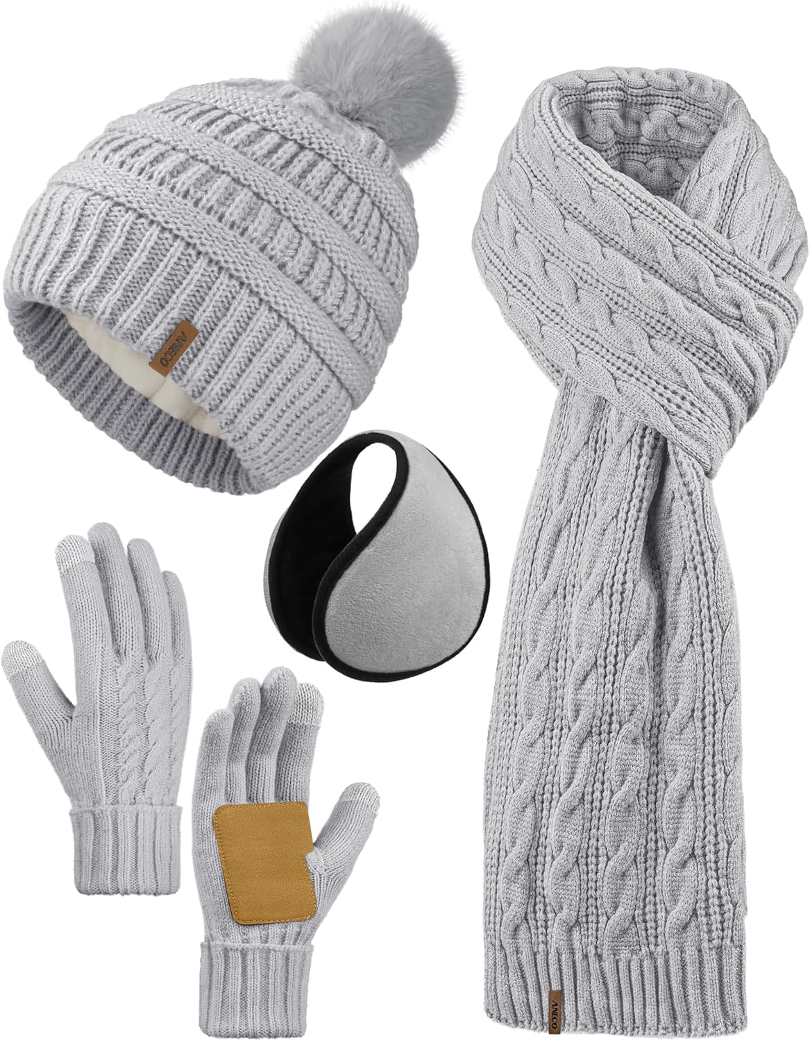 Aneco 4-In-1 Women Winter Beanie Hat Scarf Touchscreen Gloves Ear Warmer Set Fleece Lined Warm Knit Skull Cap with Pom Pom
