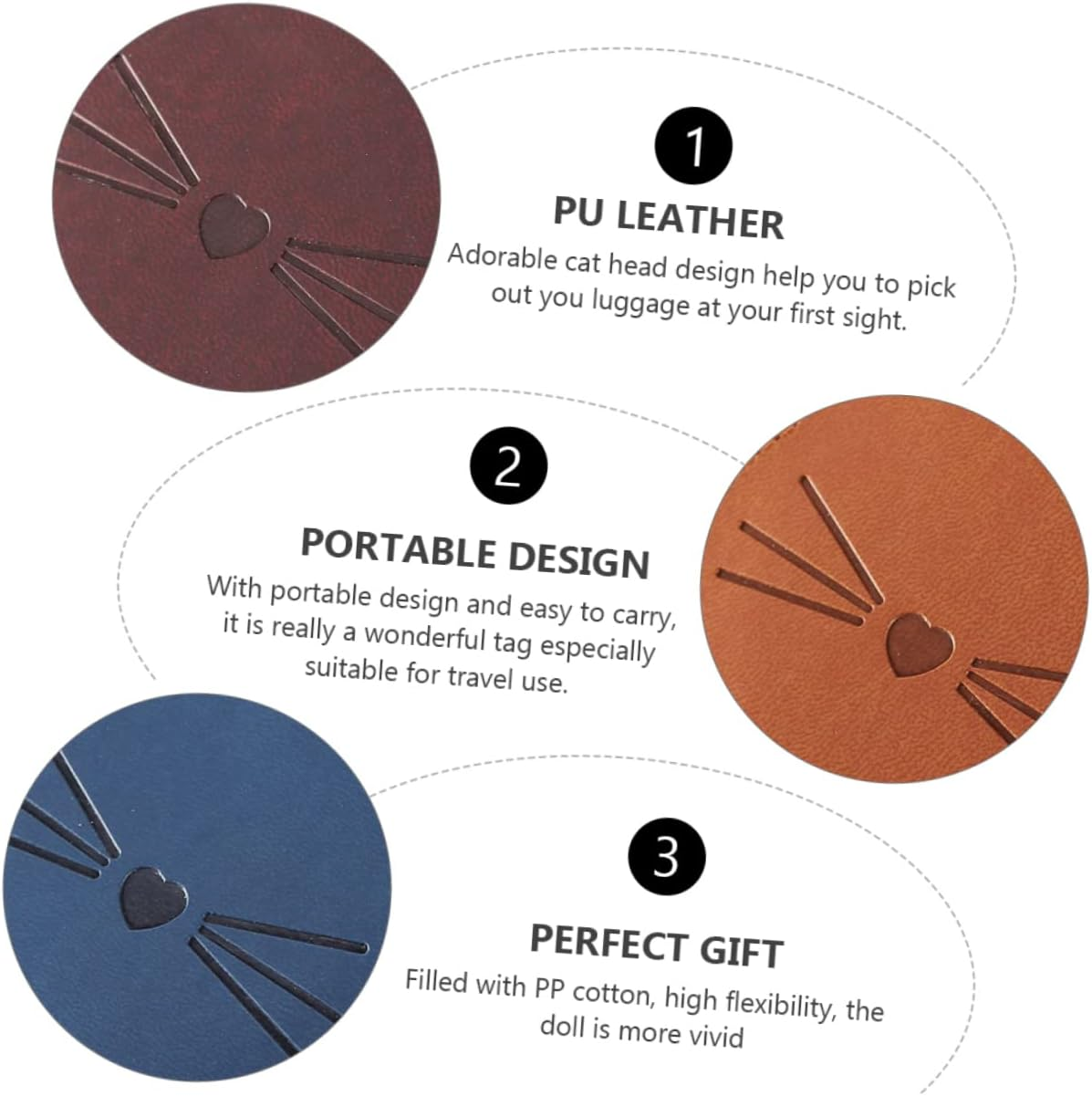 OFFSCH 2Pcs Pu Leather Luggage Tag Cat Head Design for Suitcases for Cruise Travel Carry Bag Baggage Identification Leather Strap and Id Window Random Color