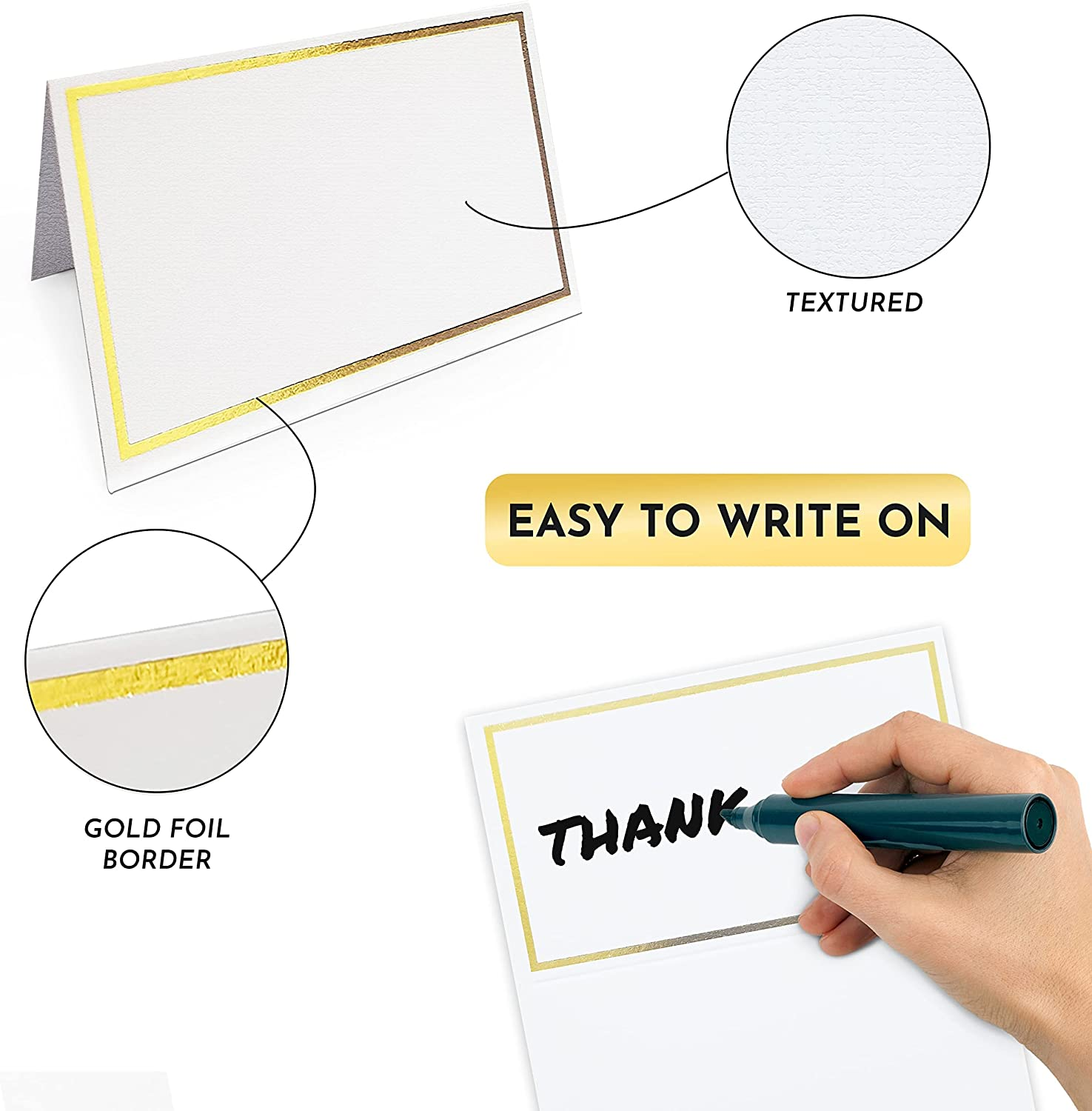 Evaster Premium Tent Name Place Cards with Gold Foil Border - Pack of 100, 2X3.5 Inches for Table Setting, Weddings, Banquets, Dinner Parties and Events image number 1