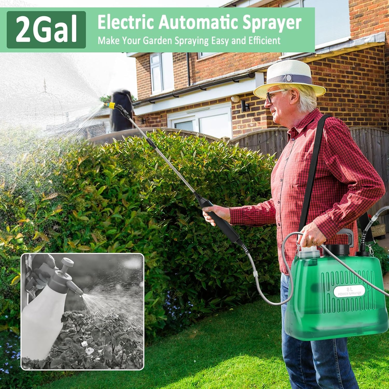 Battery Powered Sprayer, 8L Electric Garden Sprayer with Telescopic Wand & 3 Nozzles, Weed Backpack Sprayers for Lawn, Yard & Outdoor Use - Green image number 2