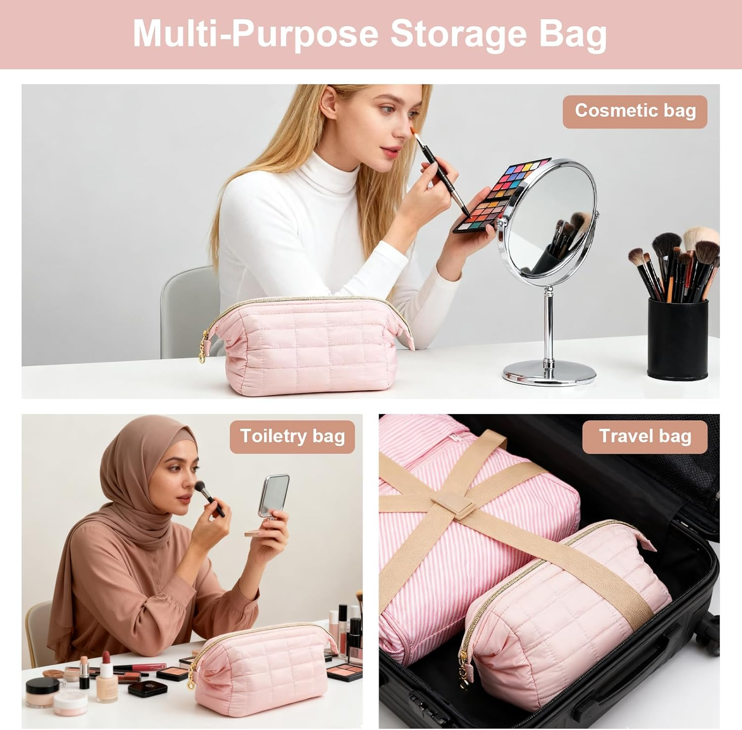VOSSOT Make up Bag Travel Cosmetic Bag Women'S Toiletry Bag Makeup Bag Wide Opening Toiletry Bag Large Capacity Portable Cosmetic Bag Wash Bag with Star-Shaped Bell Pendant image number 2