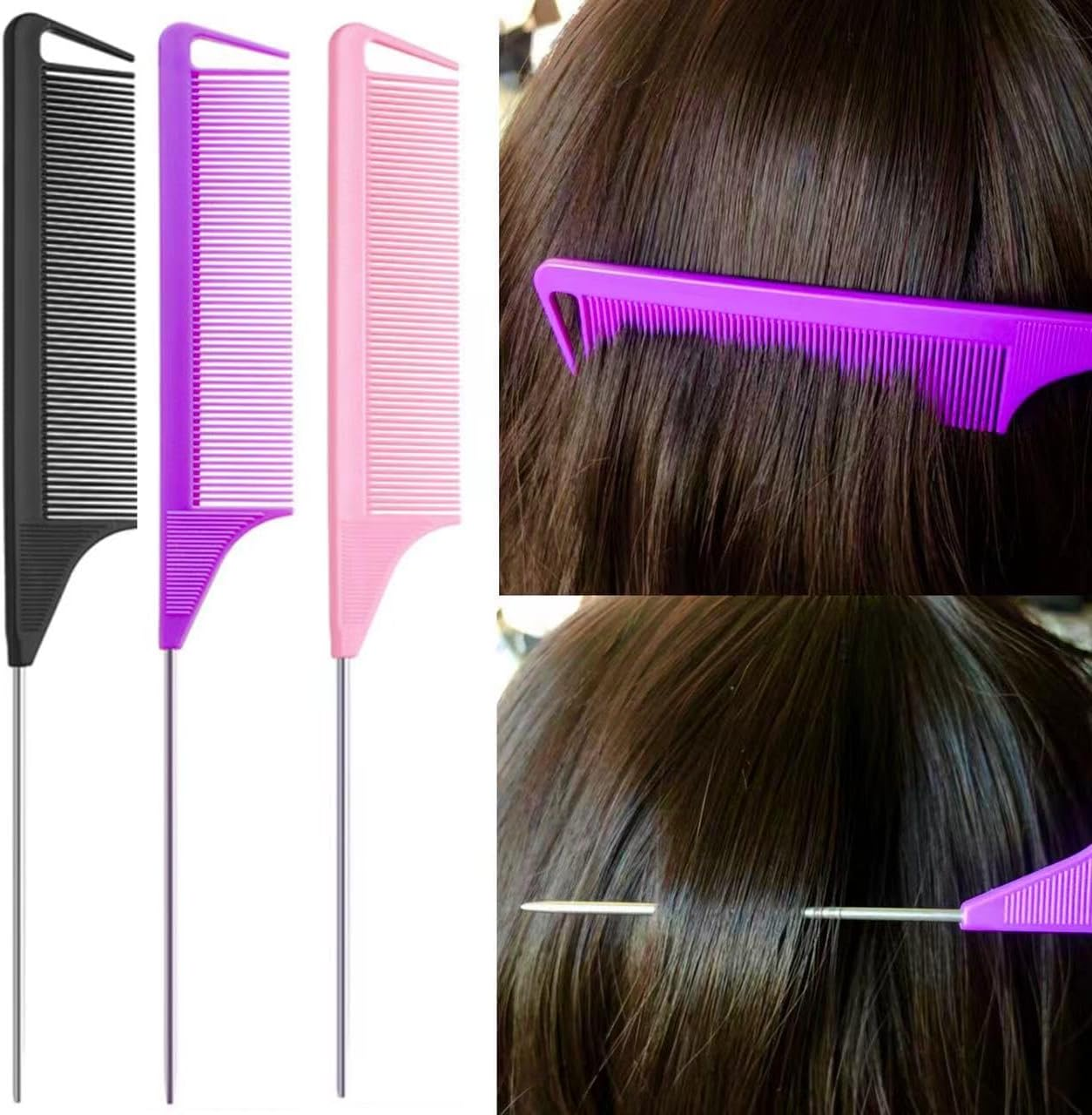 Hair Styling Tool Set, 9 Pieces - 2 Combs, 1 Pick, 4 Tail Combs, Purple and Pink image number 5
