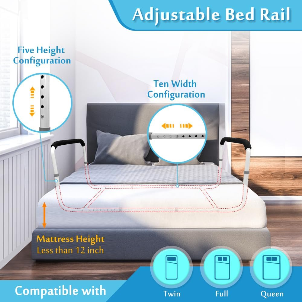 Double Bed Rail U Bar for Medical Bed Safety Assisting Rails Bed Support for Elderly Adults under Mattress Handrail Hospital Dual Bed Railings for Seniors Twin Full Queen Bed Guard Adjustable Rail image number 5