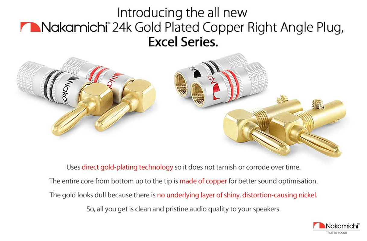 Nakamichi Excel Series 24K Gold Plated Banana Plug 12 AWG - 18 AWG Gauge Size 4Mm Speakers Amplifier Hi-Fi AV Stereo Home Theatre Audio Wire Cable Screw Connector (8 Pcs (4-Pairs), Right Angle Plug) image number 3