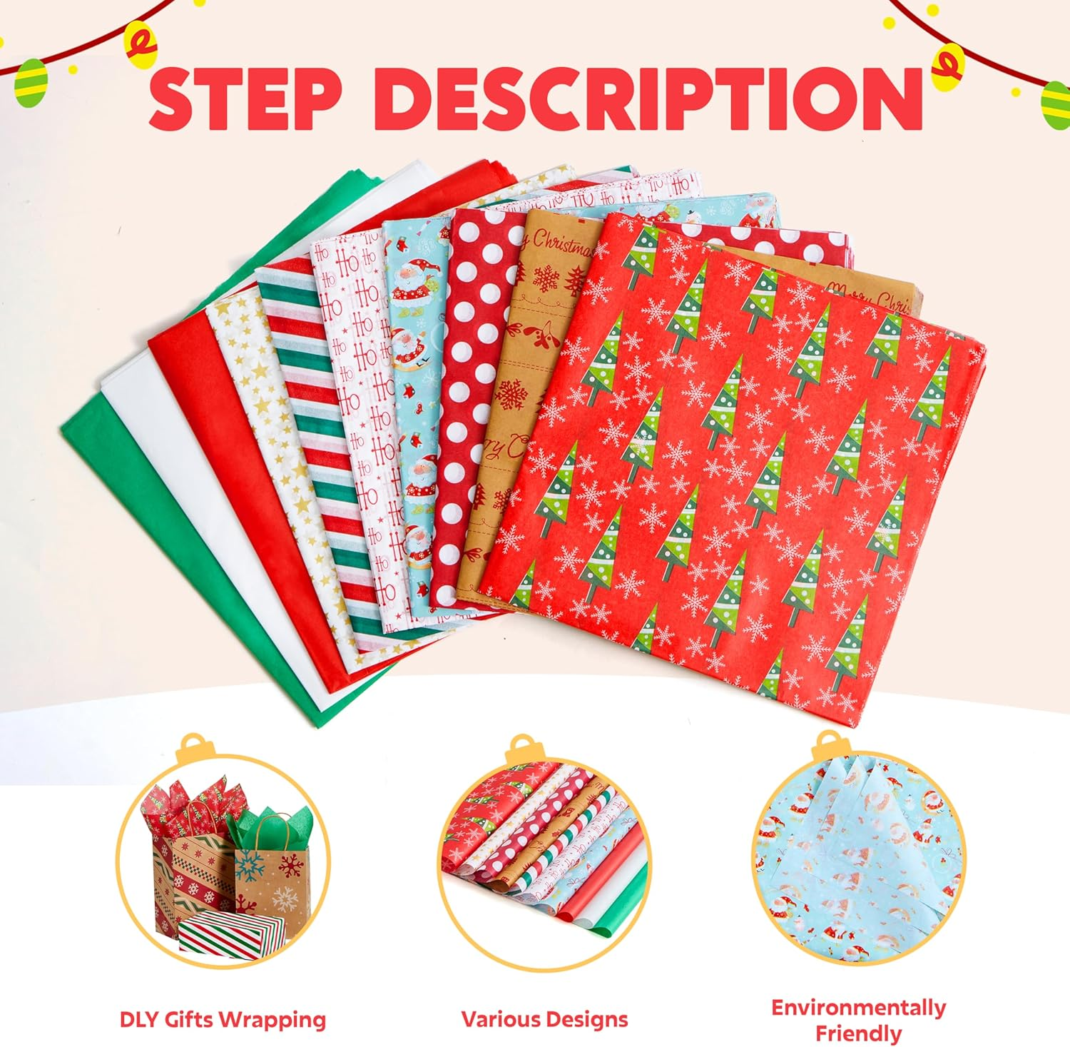 Joiedomi 150 Sheets Christmas Tissue Paper Assorted Design; Easy and Fast Gift Wrapping Accessory Perfect for Present Boxes, Xmas Gift Wrapping Bags and Wine Bottles image number 6