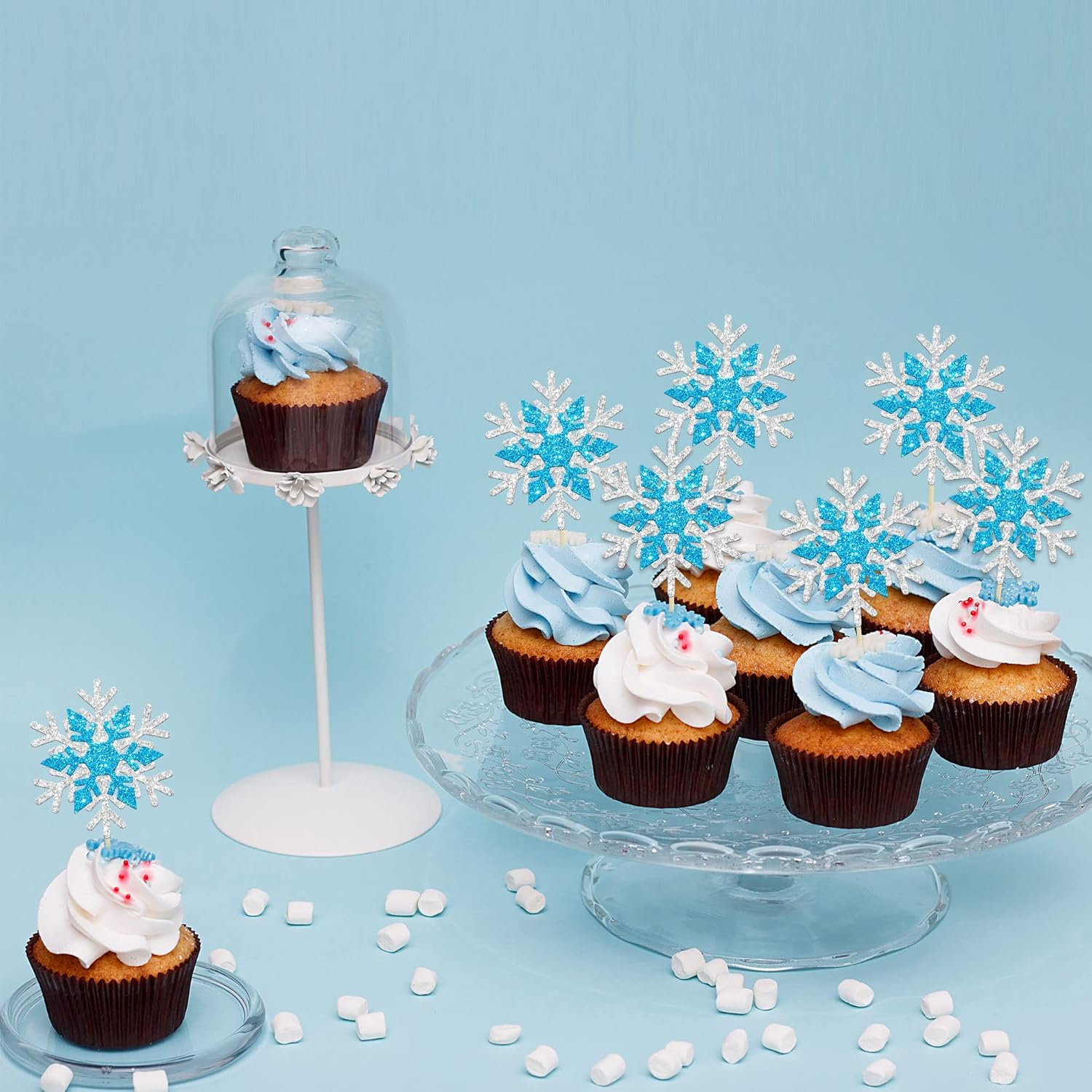 24Pcs Double Layers Snowflake Cupcake Toppers Glitter Winter Theme Snowflake Cupcake Picks Decorations for Baby Shower Kids Birthday Christmas Party Supplies image number 5