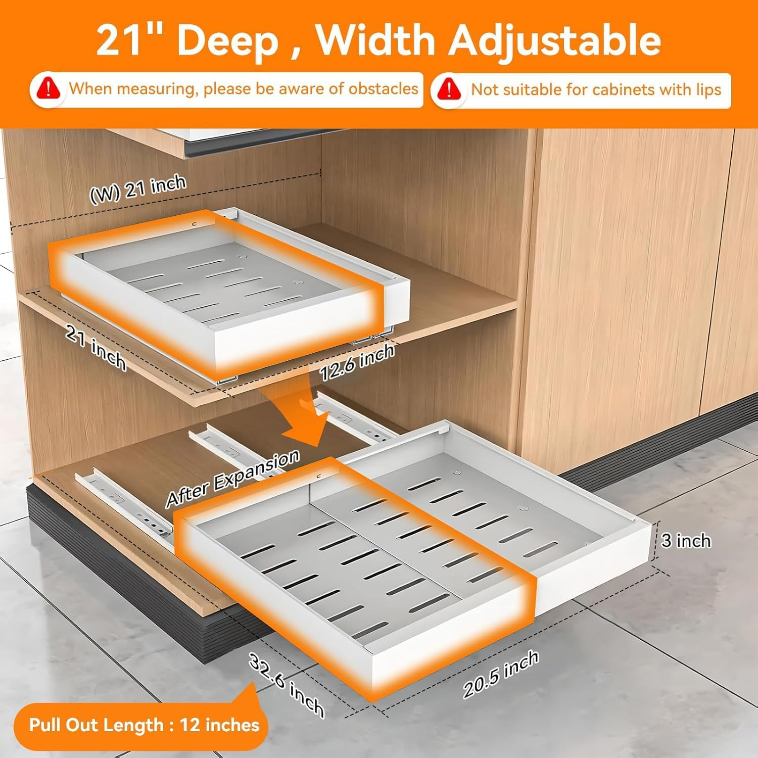 2 Pack 53Cm Deep Pull Out Cabinet Organizer, Expandable Pull Out Drawers for Cabinets Adhesive with Film, Upgrade 3 Slide Rails Slide Out Drawers, Width 32Cm to 52Cm White image number 2