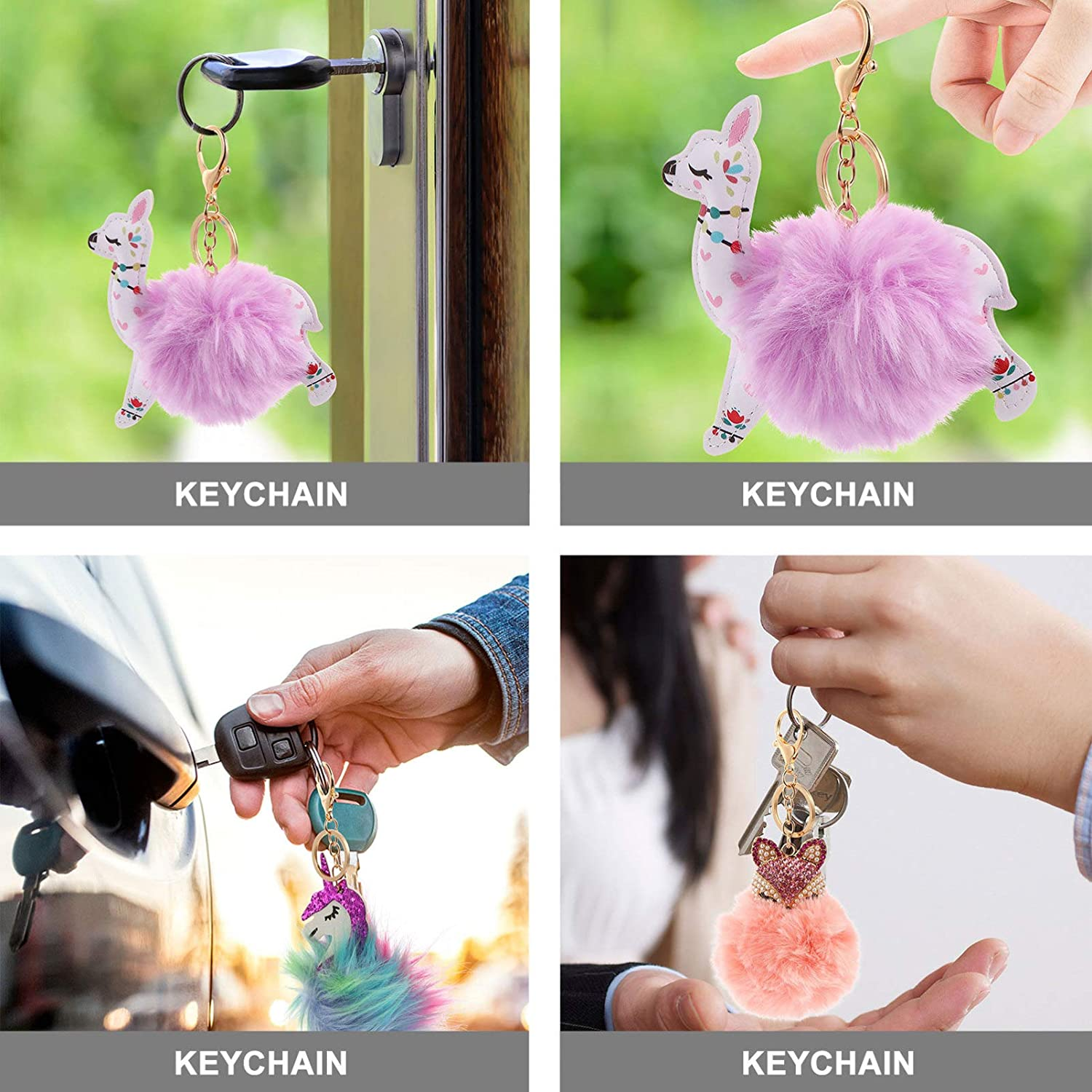 Toddmomy 3Pcs Animal Pom Pom Keychain Cute Fox Unicorn Deer Fluffy Keyring Kids Car Purse Backpack Handbag image number 4