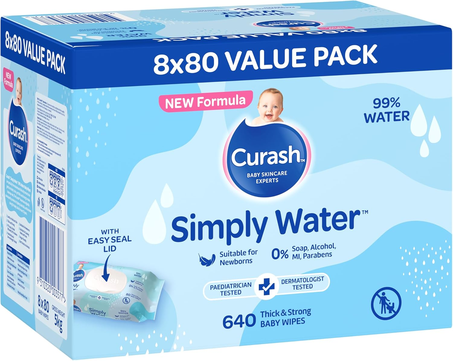 New Formula Curash Simply Water Baby Wipes, 8X80 Pack, Suitable for Newborns, 99% Purified Water, No Soap, Alcohol or Parabens, Thick & Soft Texture, Everyday Cleansing and Nappy Changes, 640 Wipes image number 1