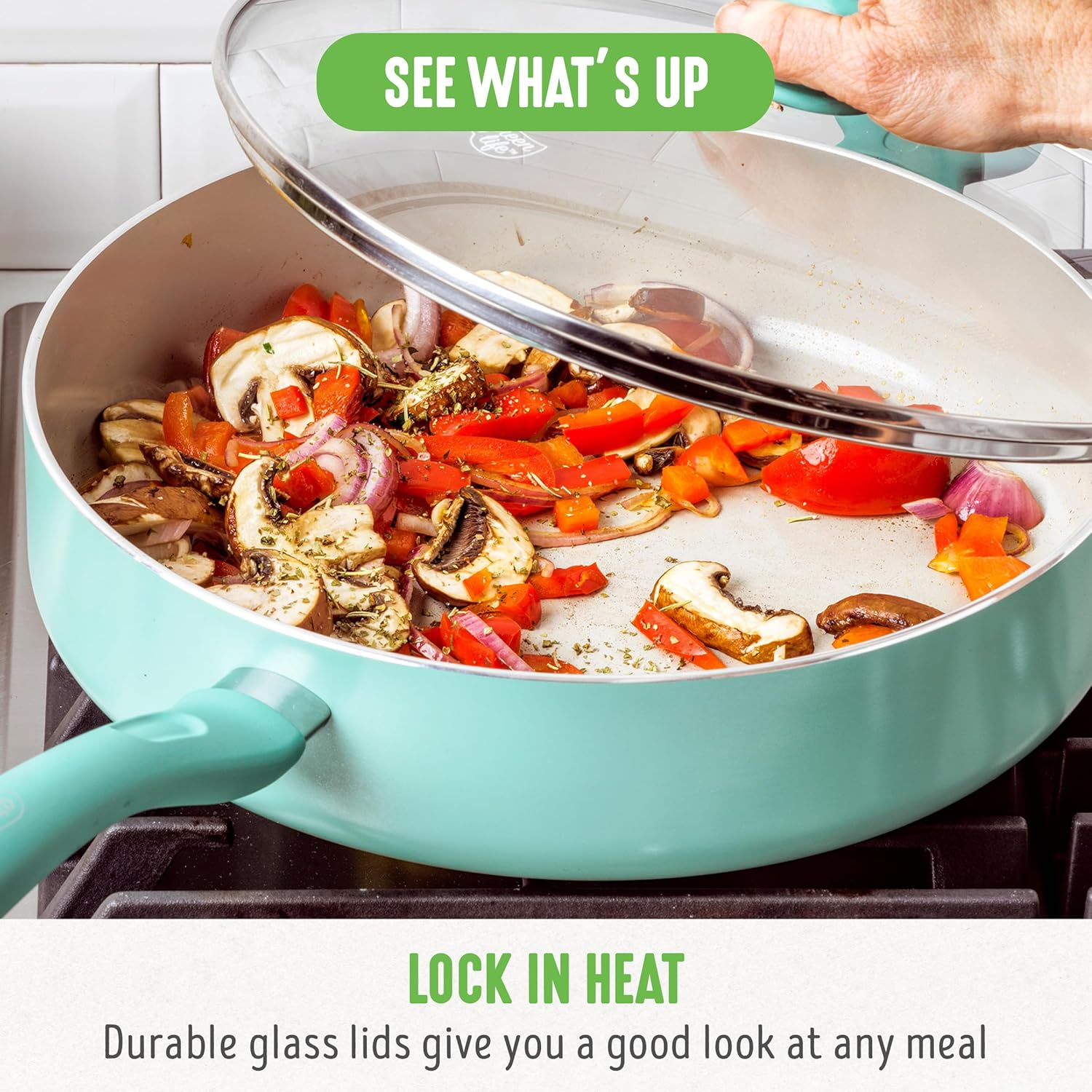 Greenlife Soft Grip Diamond Healthy Ceramic Nonstick, 5QT Saute Pan Jumbo Cooker with Helper Handle and Lid, Pfas-Free, Dishwasher Safe, Turquoise - Pink image number 6
