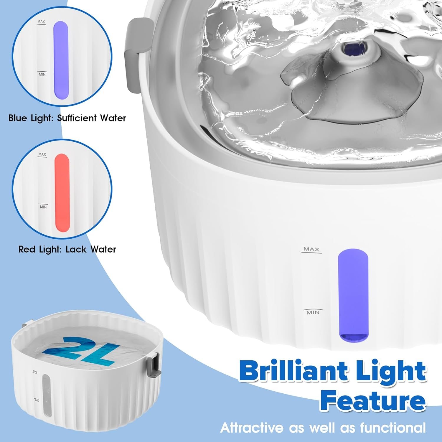 Cat Water Fountain Wireless, 2L Pet Drinking Fountain for Cats & Dogs, Sensor Auto Cat Fountain with Smart 2 Modes | Foodgrade 304 Stainless Steel Dish | 4* Filters image number 6