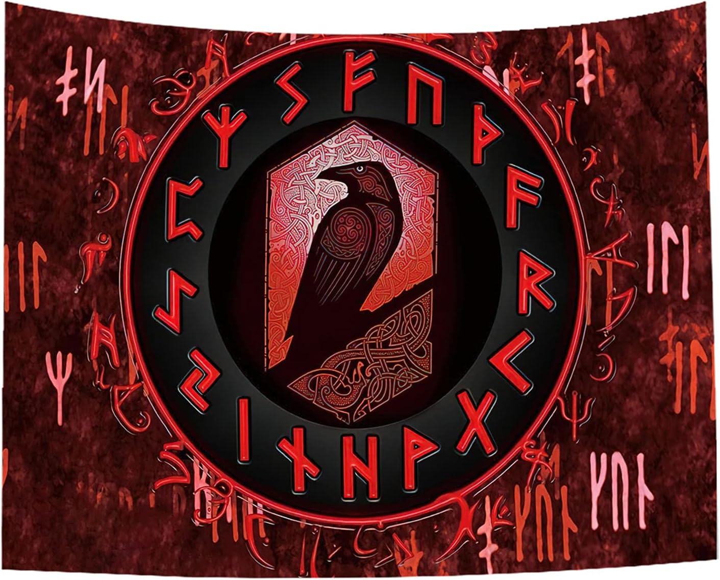ST Soleme.Tc Norse Viking Tapestry for Bedroom Aesthetic Red Wall Hanging Raven Meditation Runes Nordic Pagan Tapestry Wall Art for Men Room Home Decor 59"X51" image number 4