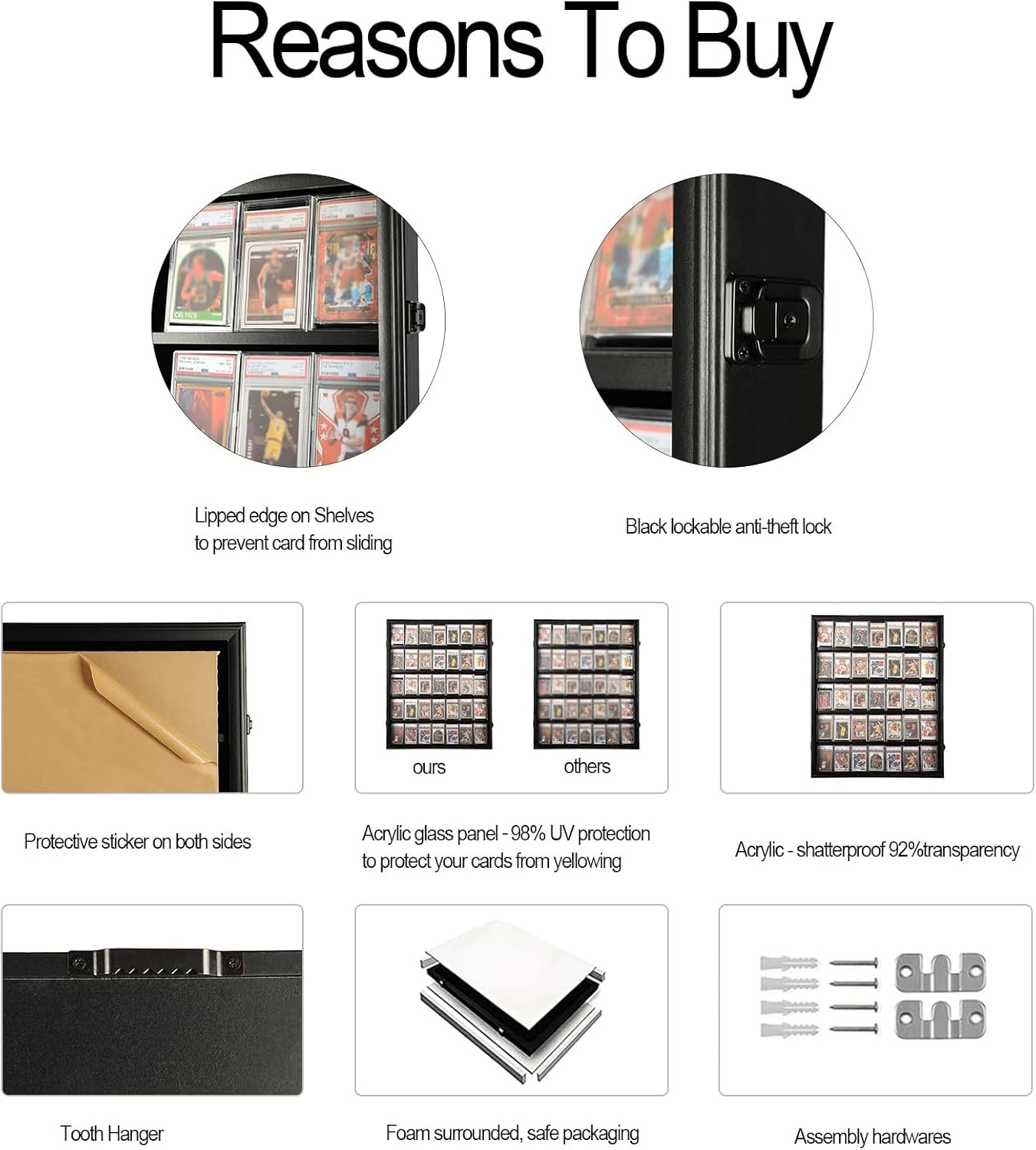 Graded Sports Card Display Case - 35 Baseball Card Display Case -Trading Card Frame Wall Display Lockable with UV Protection Acrylic Door for Football Basketball Hockey Cards,Black image number 3