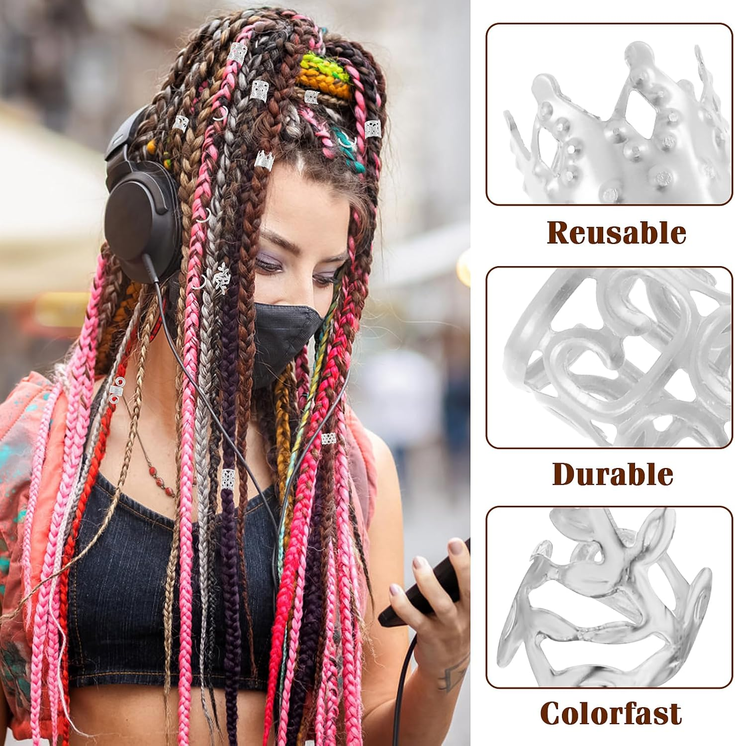 Pack of 220 Dreadlocks Hair Accessories, Silver Hair Rings, Metal Hair Beads, Clips, Adjustable Metal Braids Accessories for Women, Girls, Hair Braid Decoration image number 4