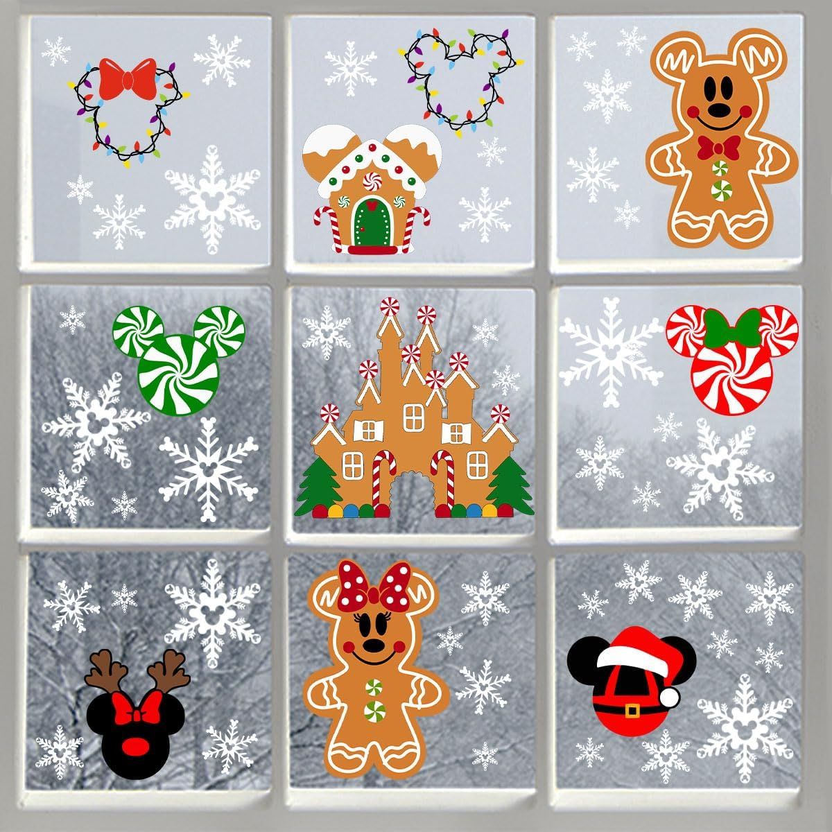 9Sheets Christmas Window Clings Gingerbread Christmas Party Decorations Ginger Bread Man Mouse Castle Snowflake New Year Winter Decor Merry Christmas Decals for Office Home Hotel Decorations