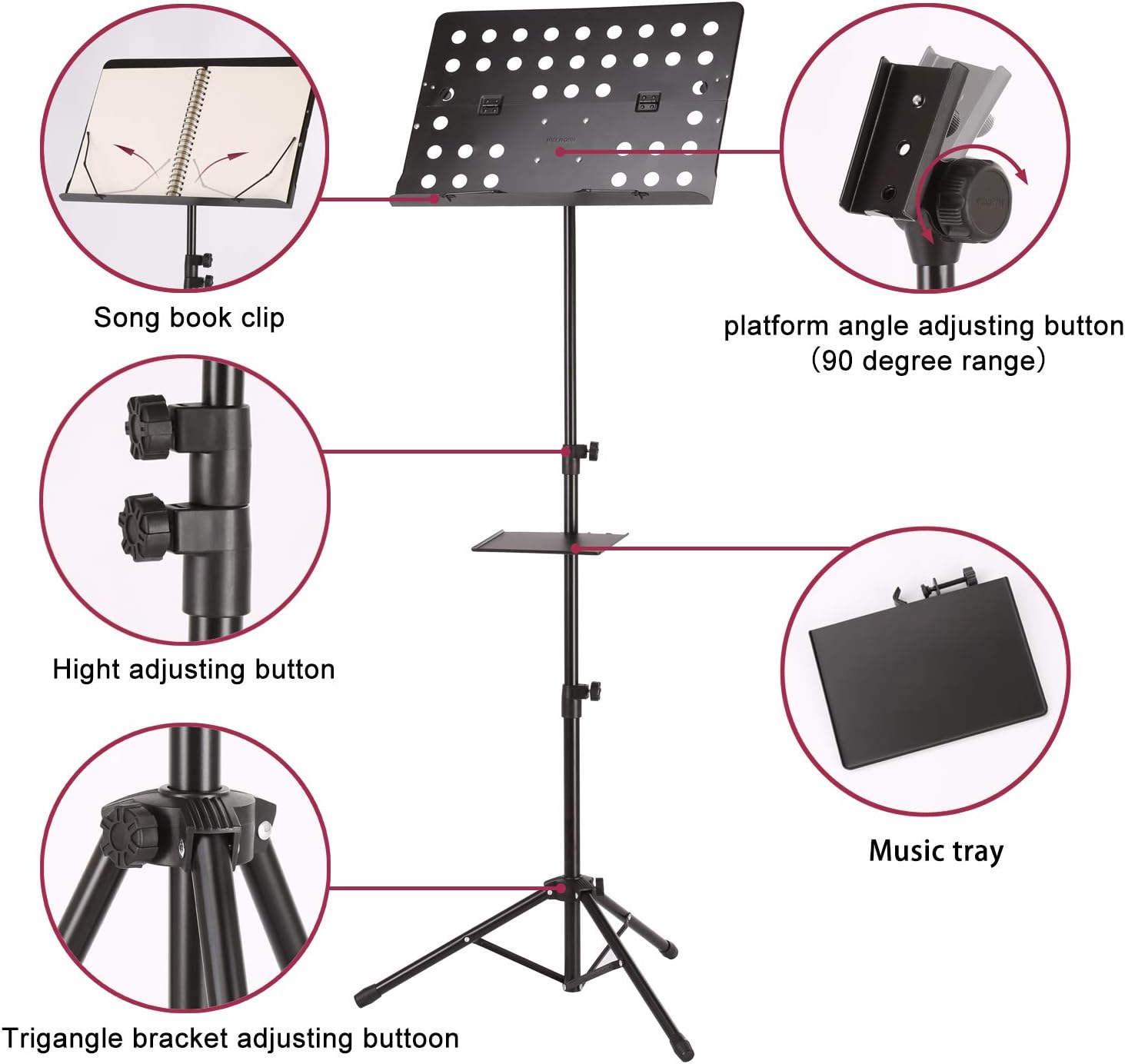 IMAGE 55-160 Cm Sheet Music Stand Adjustable and Foldable Travel Metal Music Stand with Music Tray, Carrying Bag, and Music Sheet Clip Holder for Instrumental Performance image number 4