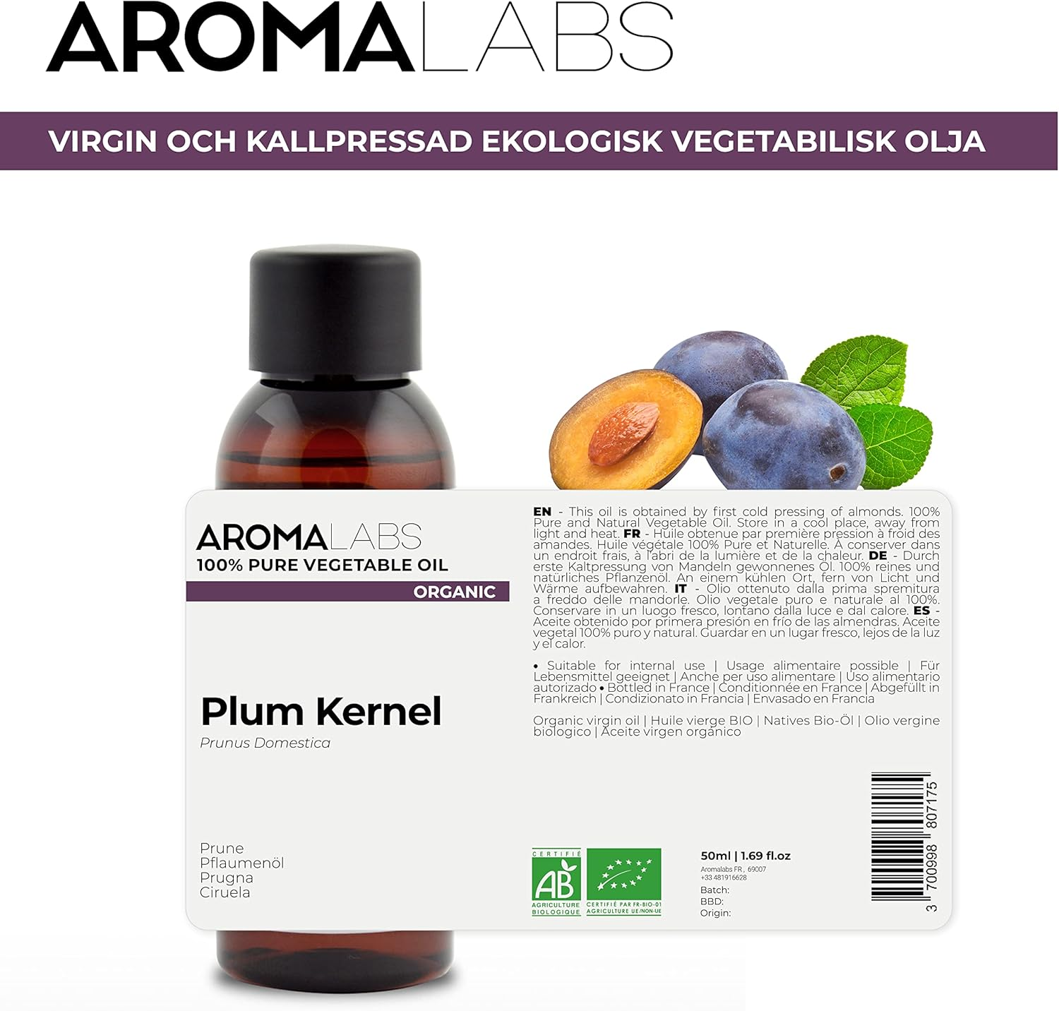Aroma Labs 100% Organic Cold Pressed Plum Kernel Oil - 50Ml - Pure, Natural, from Organic Farming - image number 1