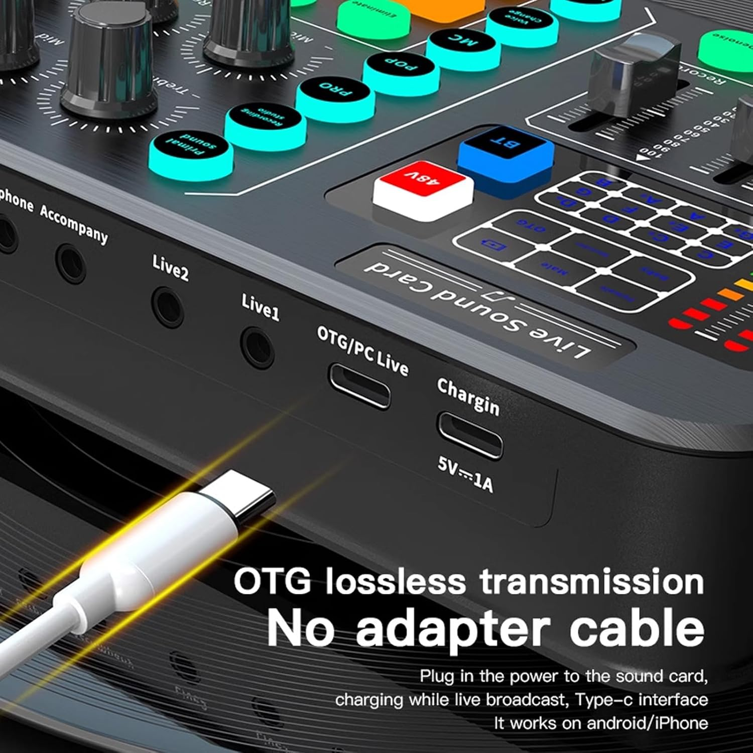 Live Sound Card, Bluetooth Professional Mini Audio Mixer Board with 15 Sound Effects, Audio Interface Support 48V Phantom Power, for Straming, Podcasting, Gaming image number 4