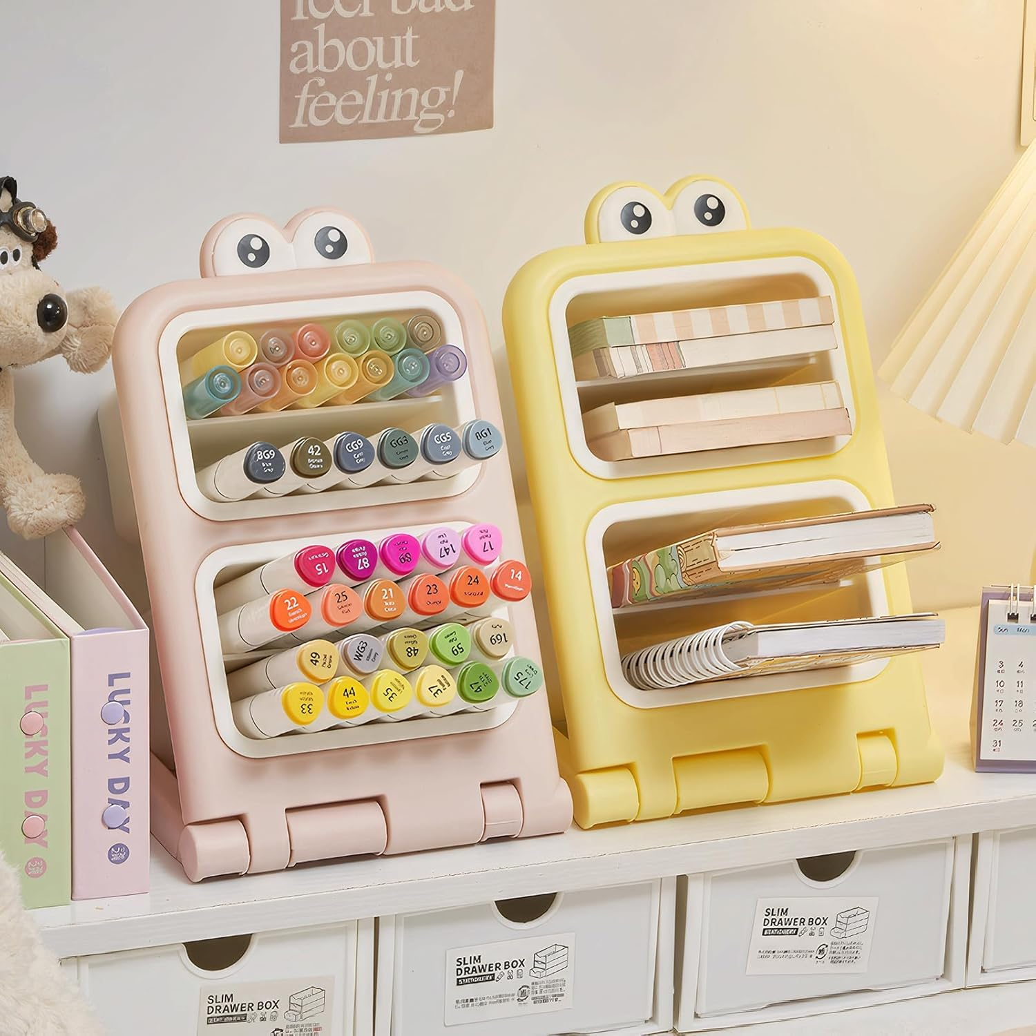 Comfycottage Foldable Desk Organizer, Multi-Functional DIY Pen Holder, Large Capacity Office Supplies Rack, Space Saving Stationary Marker Organizer Divided Desktop Storage for Pen Pencils (Pink)