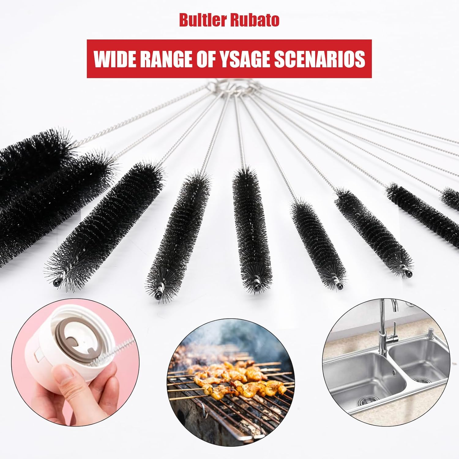 Bultler Rubato Bottle Cleaner Brush Set, 12 Pcs Straw Cleaning Brush, Nylon Tube Brush, Long Cleaning Brush Kit for Small Pipe Bottle, Tumbler, Drinking Glasses, Water Cup, Tea Pot Spout(White) - White image number 2