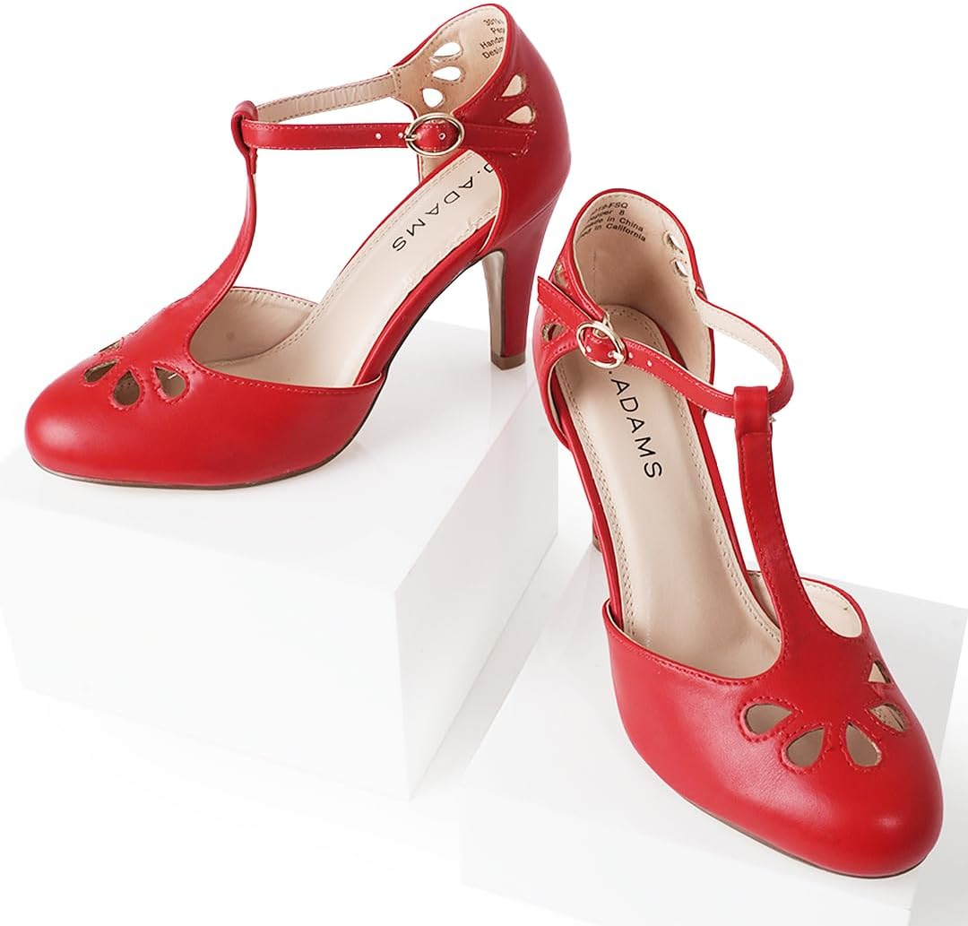 J. Adams Mary Jane Pumps - Vintage Tear Drop Cutout Low Kitten Heels - Retro round Toe Adjustable Ankle T Strap - Pepper By image number 2