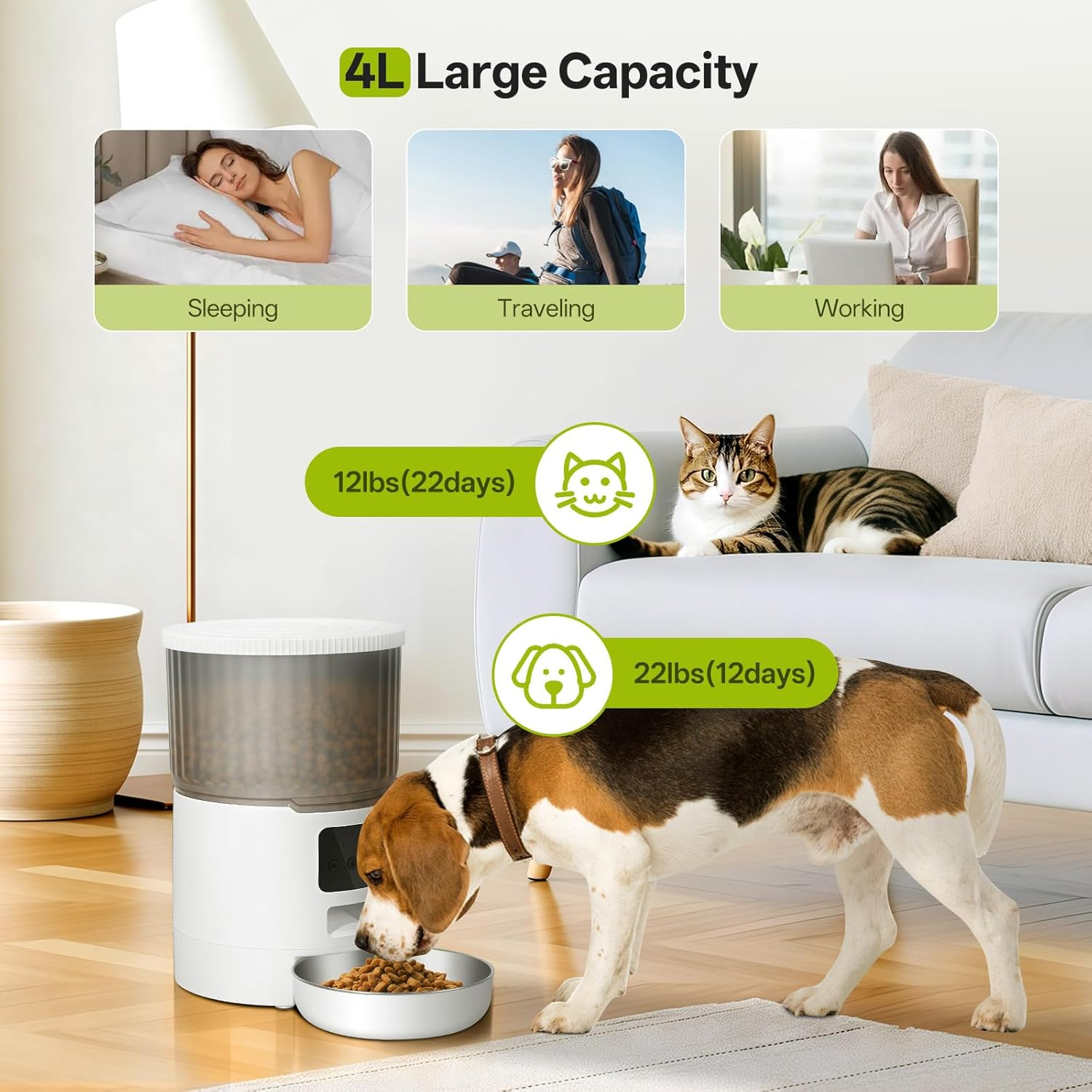 Mukkela Wifi Automatic Cat Feeder, 4L Timed Cat Dry Food Dispenser with 10S Voice Recorder, APP Control, Auto Pet Feeder up to 10 Meals per Day for Cats, Dogs, Dual Power Supply (White) image number 2