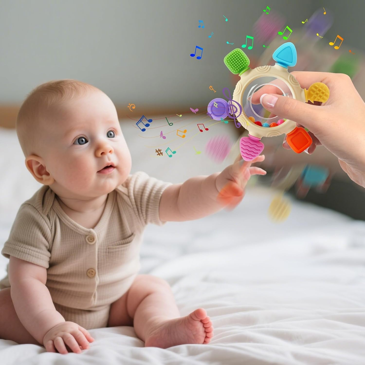 Baby Teething Toys for 0-12 Months- Silicone Rudder Teether Toy with Rattle Rings - BPA Free Sesory Montessori Toy for Soothing Sore Gums & Pain Relief - Easy to Clean Baby Shower Essentials Xmas Gift image number 4