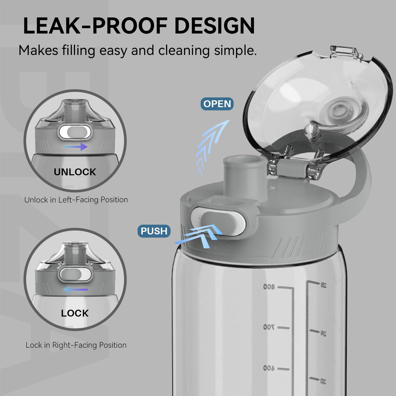 SANTECO 1L Water Bottle BPA Free - Lightweight Sports Bottle with Handle, Leak Proof, Easy Clean, Good for Gym Hiking Travel (Light Grey, 1000Ml)